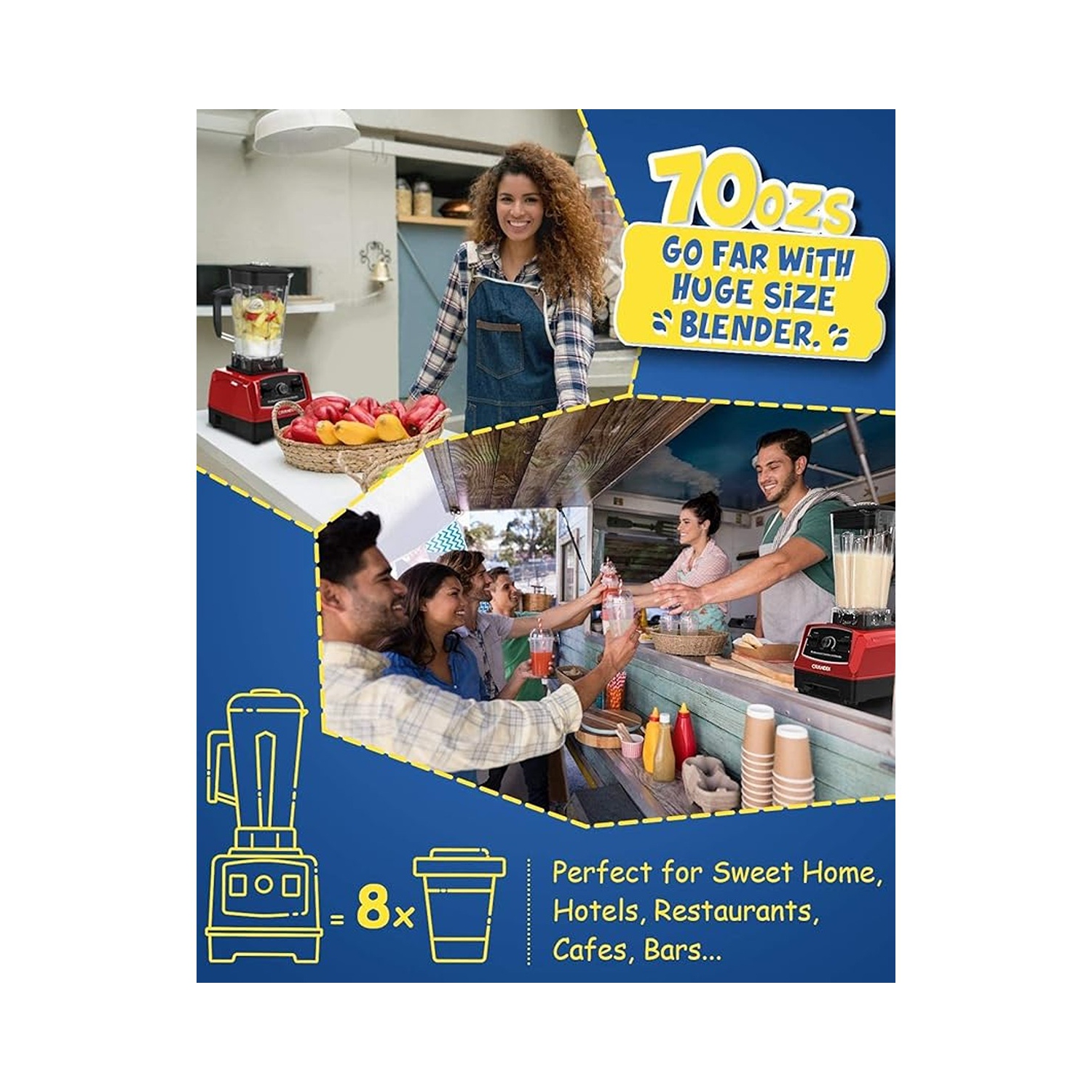 CRANDDI 1500W Professional Commercial Blender - Red