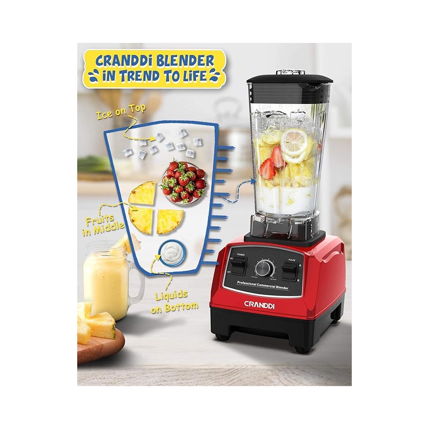 CRANDDI 1500W Professional Commercial Blender - Red