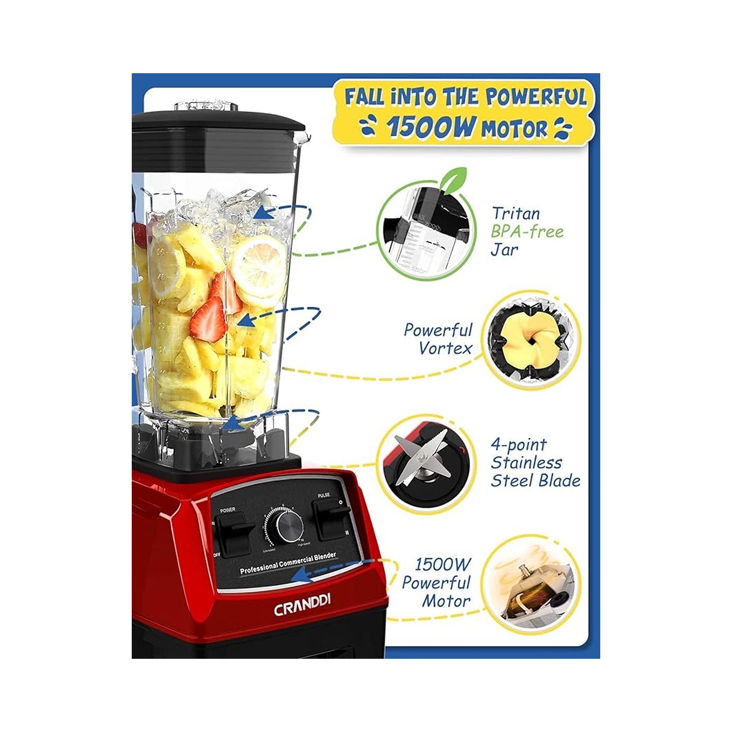 CRANDDI 1500W Professional Commercial Blender - Red
