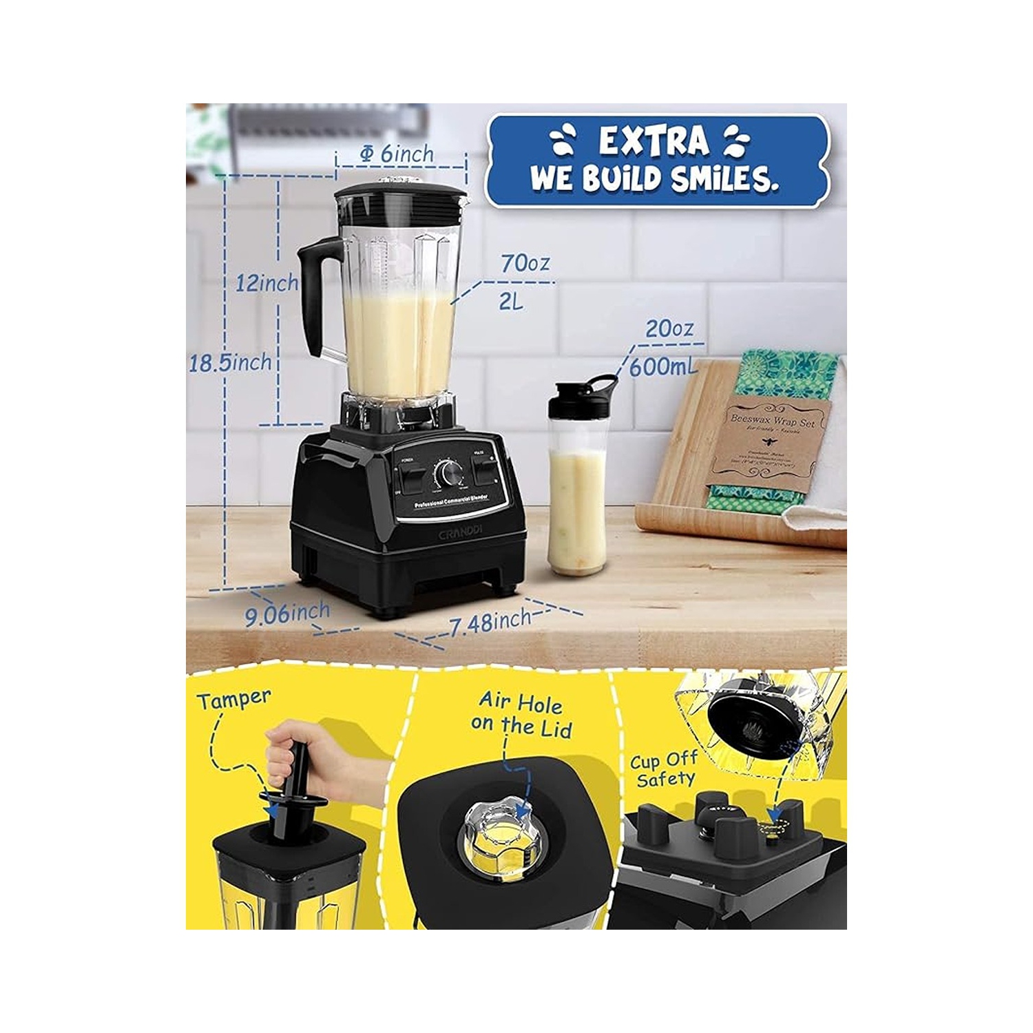 CRANDDI 1500W Professional Commercial Blender - Black