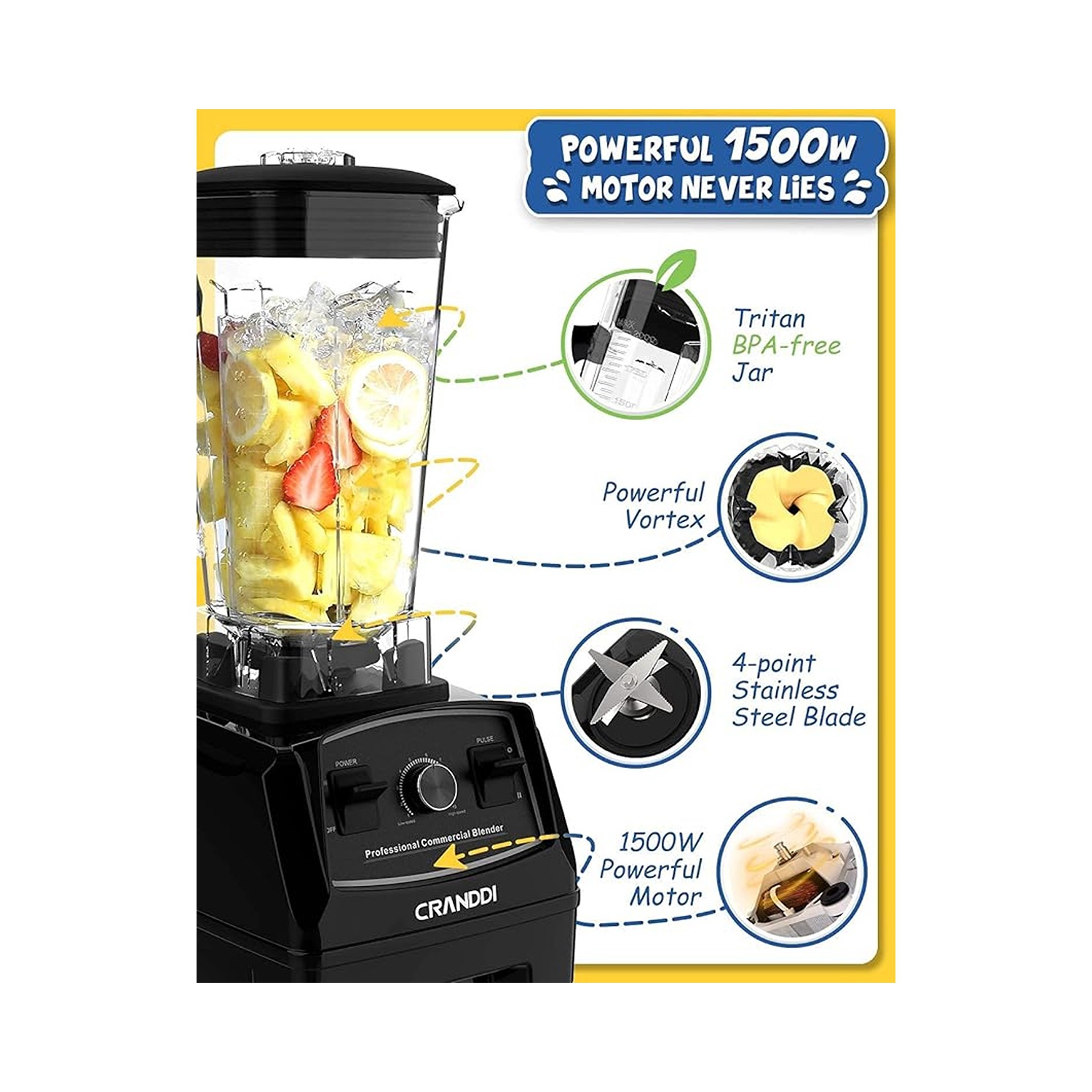 CRANDDI 1500W Professional Commercial Blender - Black