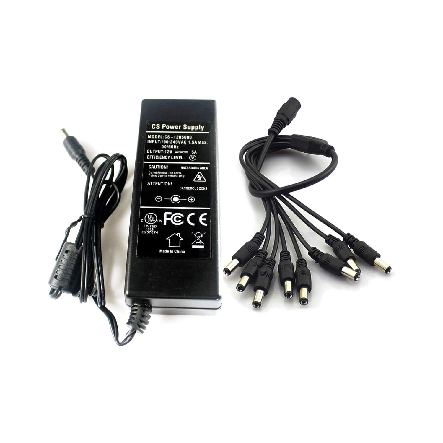 AC 100-240V to DC 12V 5A 60W Power Adapter Supply with 1 to 8 Splitter Cable UL cUL FCC