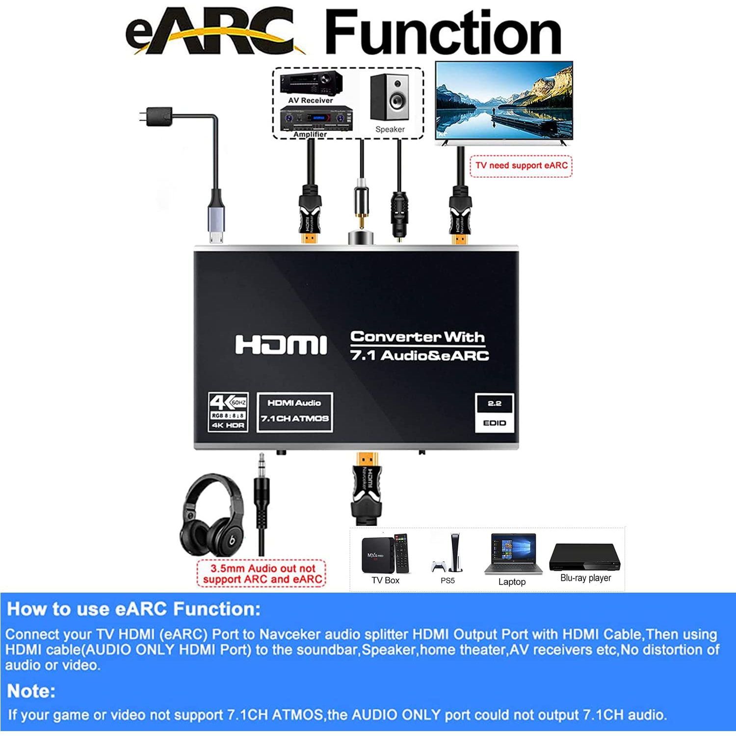 2023 meilleur 4K 120Hz HDMI Extracteur Audio Soutien 4K 60Hz YUV 4:4:4 HDR  Audio