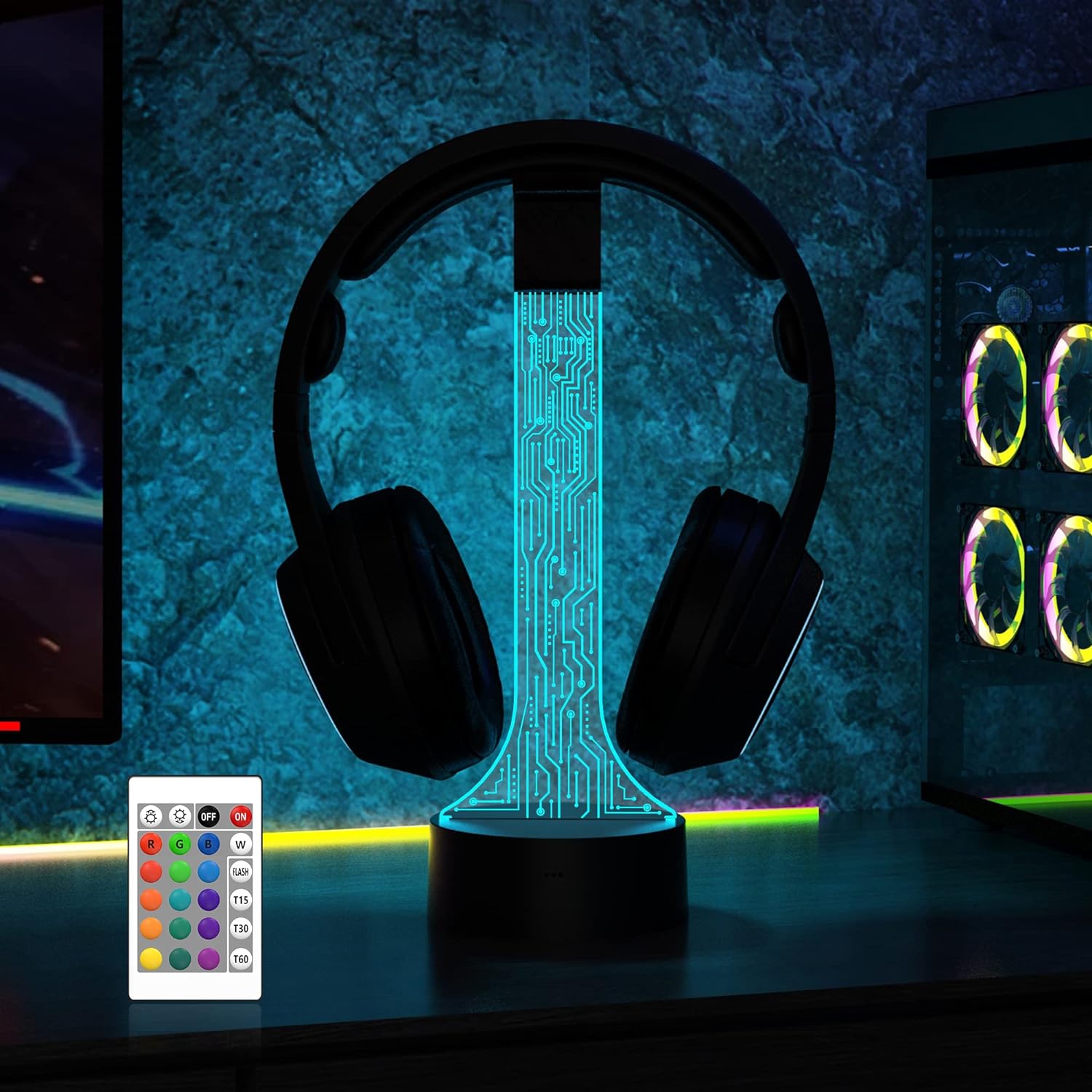 Light up Headphone Stand for Desk, Gaming Headset Holder RGB with 16 Color Lights for Game Room Decor, Cool