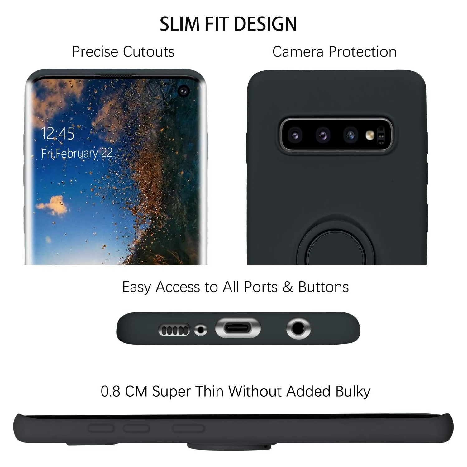 Galaxy S10 Case, Liquid Silicone Soft Gel Rubber Slim Cover with Ring Kickstand |Car Mount Function Shock