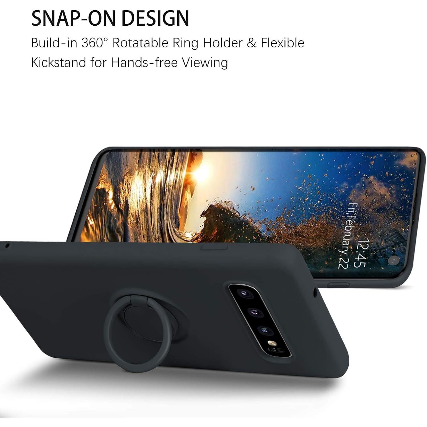 Galaxy S10 Case, Liquid Silicone Soft Gel Rubber Slim Cover with Ring Kickstand |Car Mount Function Shock