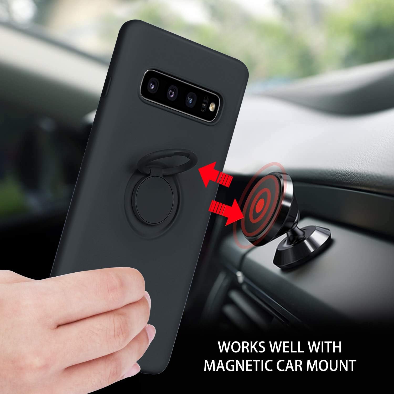 Galaxy S10 Case, Liquid Silicone Soft Gel Rubber Slim Cover with Ring Kickstand |Car Mount Function Shock