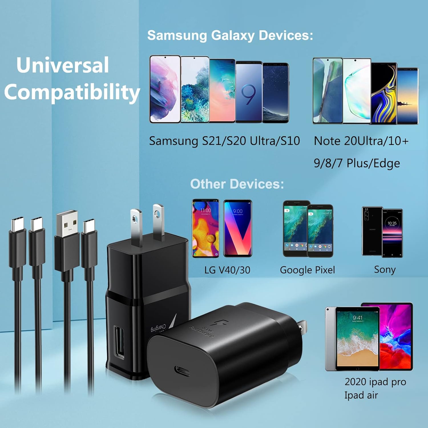 USB C Fast Charger, 25W Super Fast Wall Charger Fast Charge 3.0 Adapter+2 Pack 6FT Type C Charger Cable