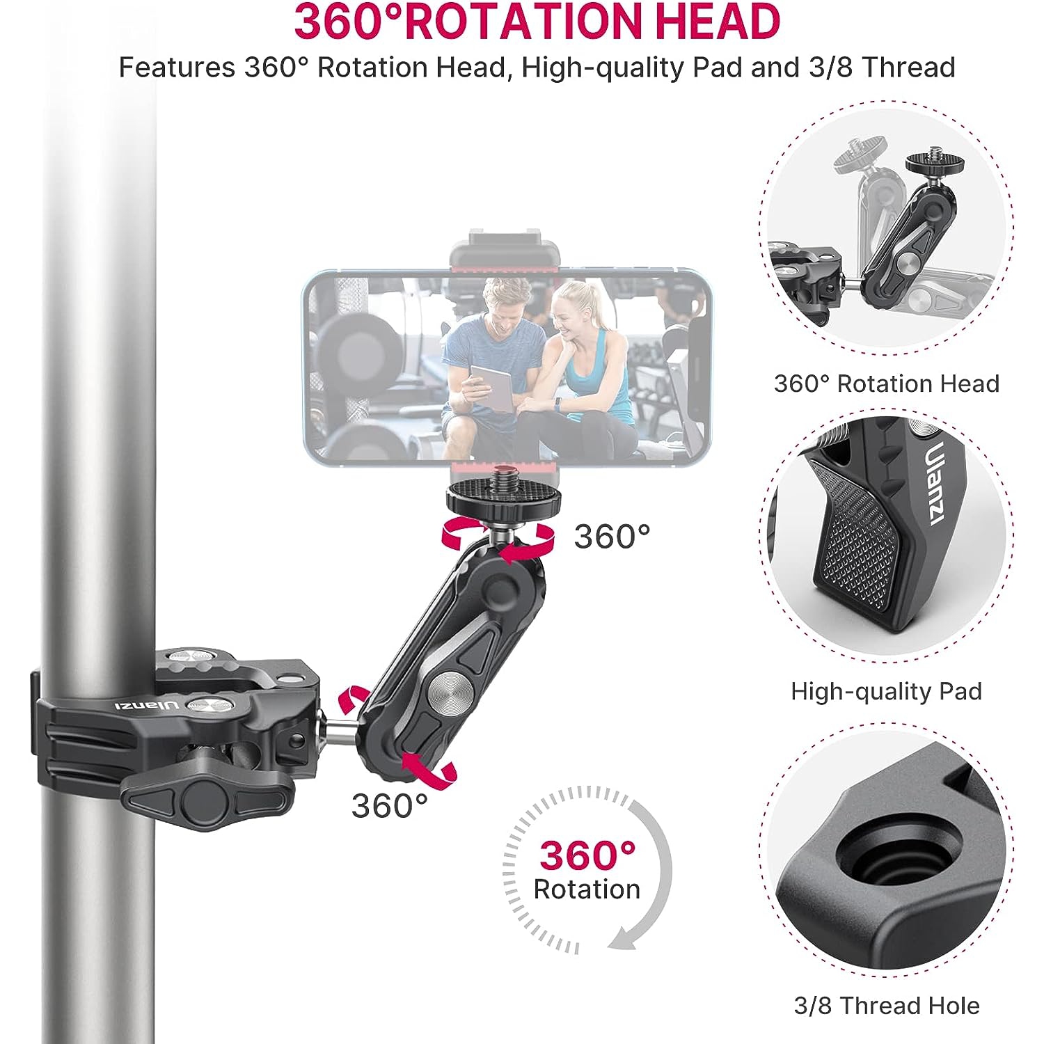 Support à pince Super Clamp pour appareil photo avec support pour trépied  de téléphone, adaptateur à tête à rotule double à 360° Magic Arm