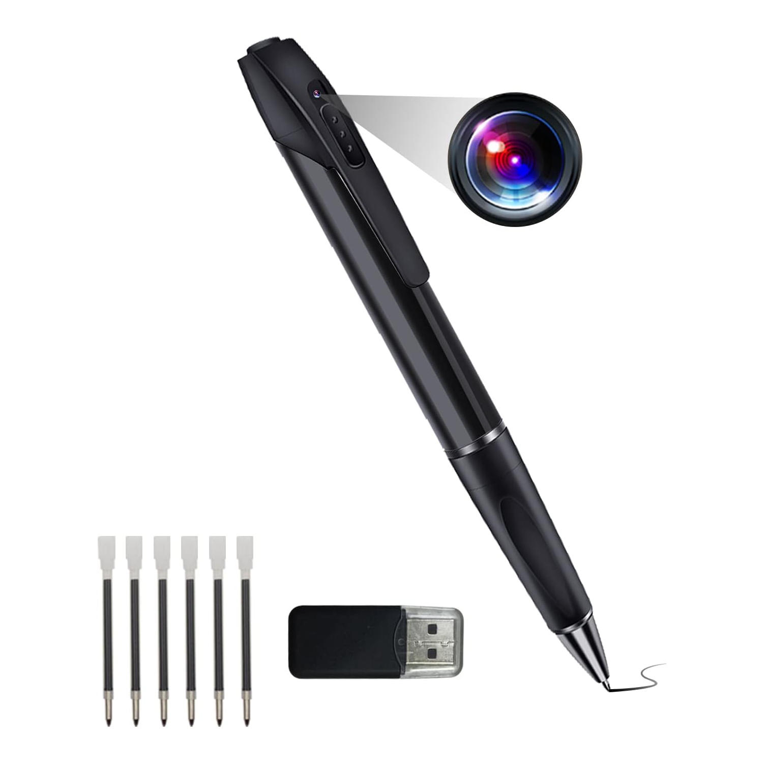 Hidden Camera Pen Spy 1080P Mini Nanny Cam Portable Video Recorder with Loop Recording or Taking Photo, Card Reader