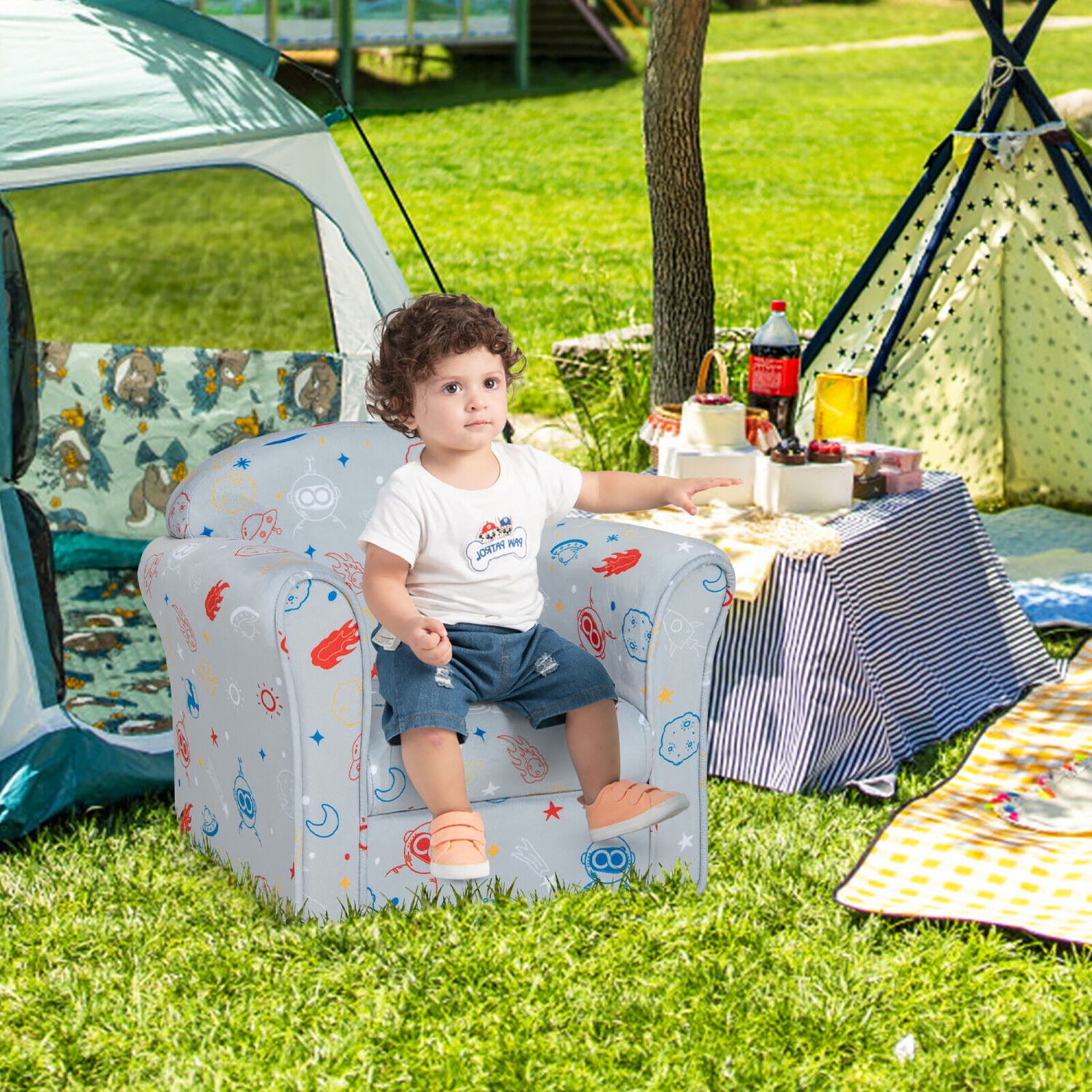 Gymax Kids Sofa Toddler Upholstered Armrest Chair w/Solid Wooden Frame Gray