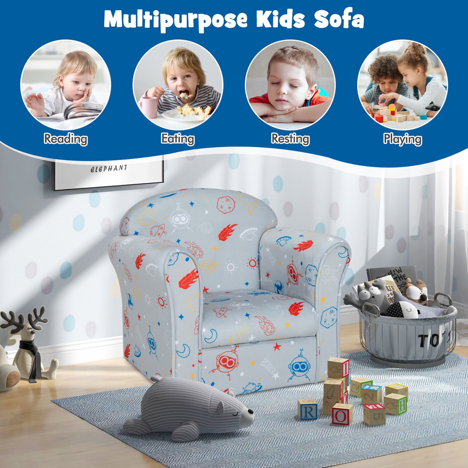 Gymax Kids Sofa Toddler Upholstered Armrest Chair w/Solid Wooden Frame Gray