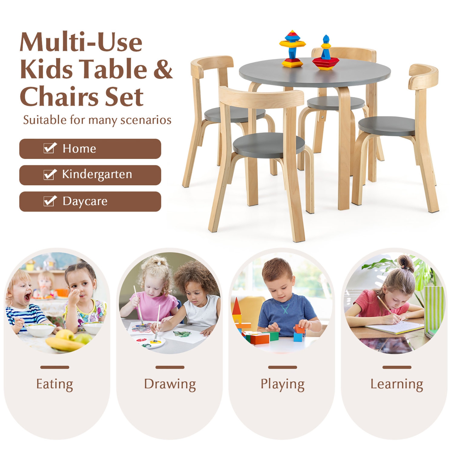 Gymax 5-Piece Kids Wooden Curved Back Activity Table & Chair Set w/Toy Bricks