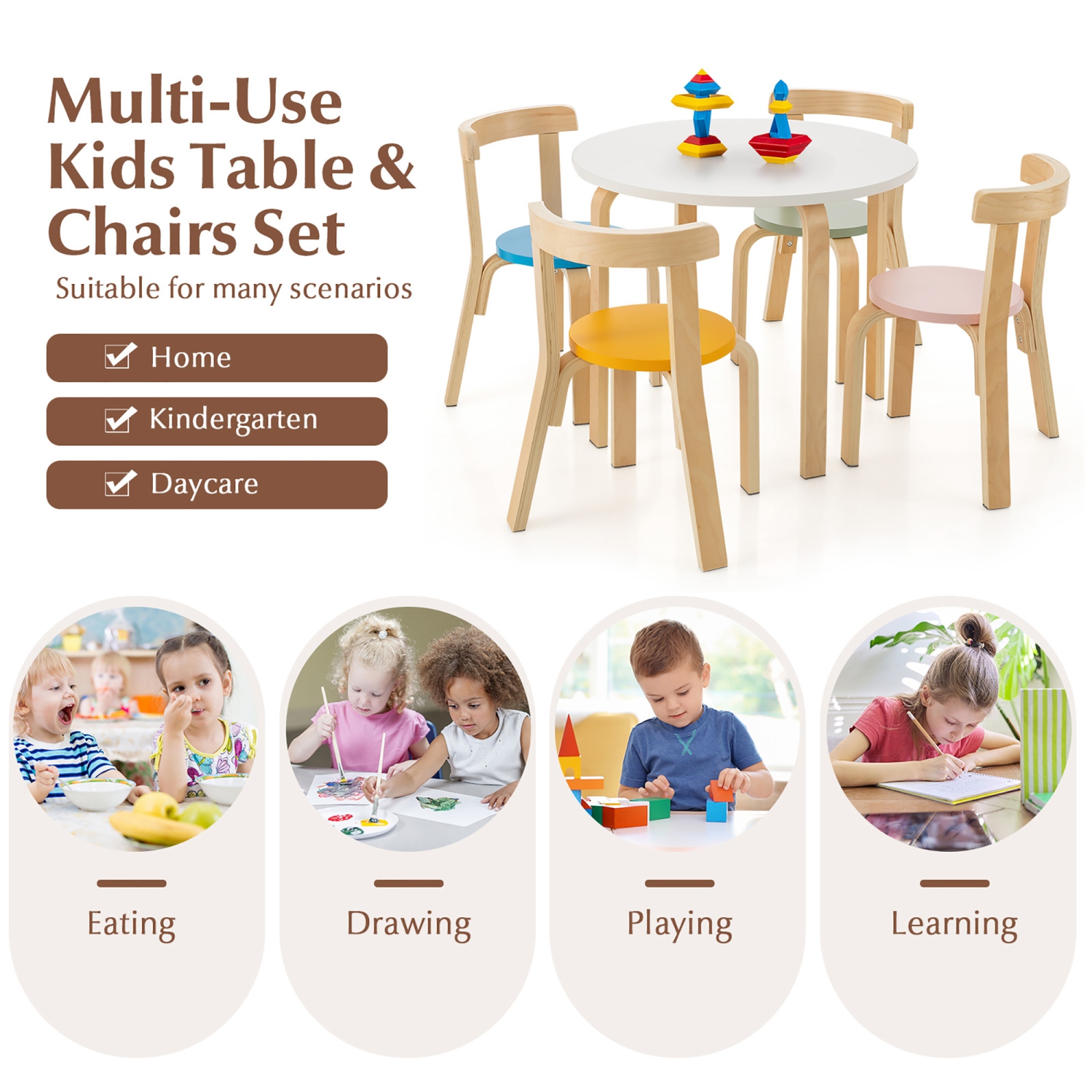 Gymax 5-Piece Kids Wooden Curved Back Activity Table & Chair Set w/Toy Bricks