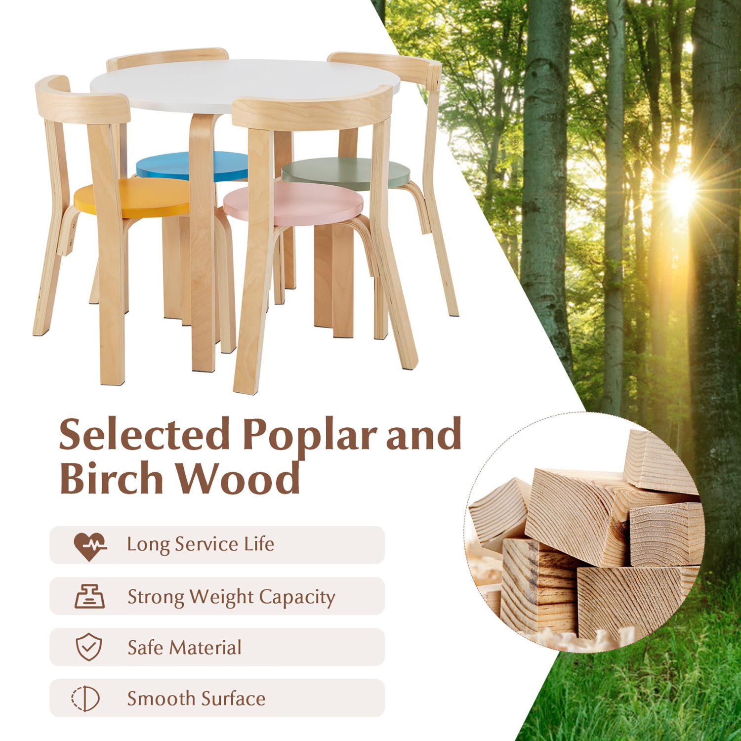 Gymax 5-Piece Kids Wooden Curved Back Activity Table & Chair Set w/Toy Bricks