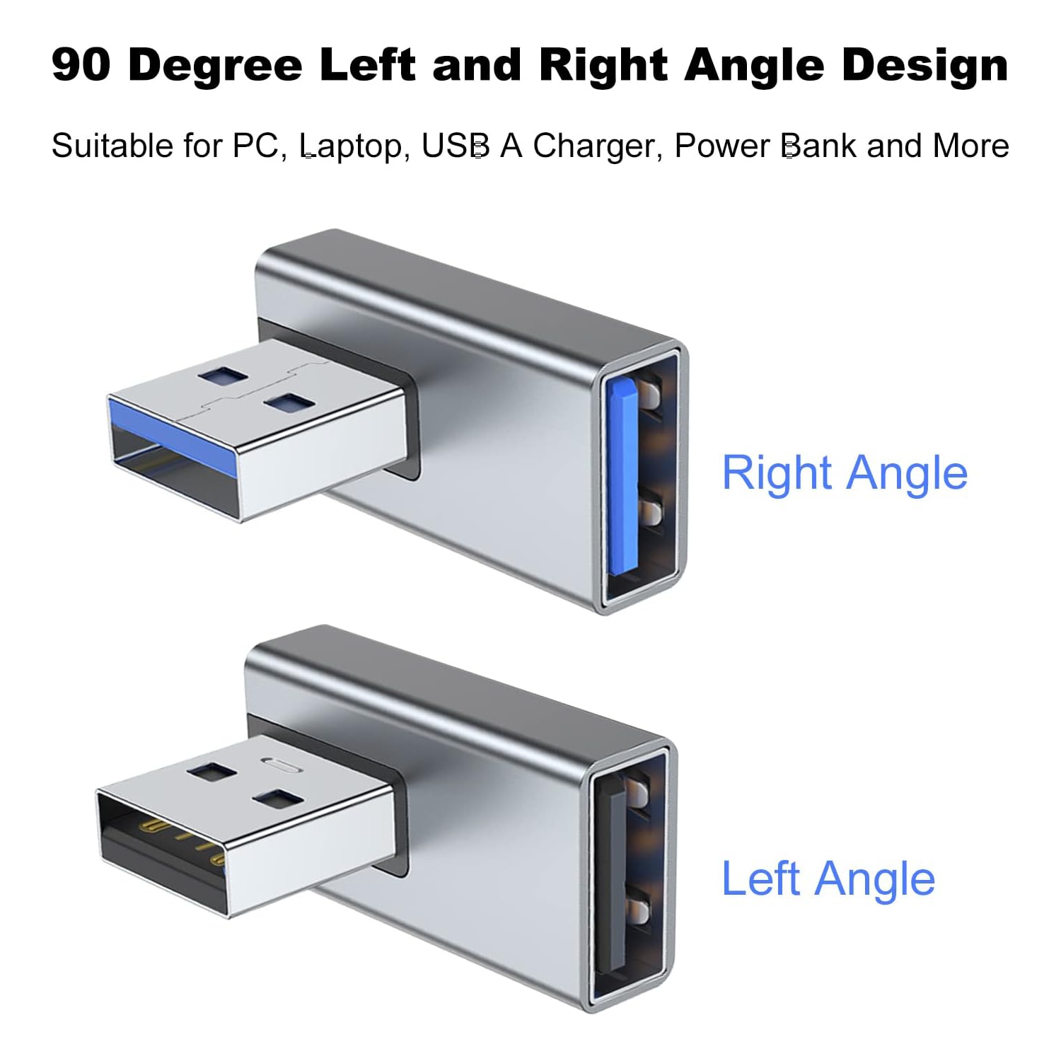 2 adaptateurs USB 3,0 90 degrés, prolongateur de conversion USB A mâle vers femelle à angle gauche et droit pour PC, ordinateur portatif, chargeur