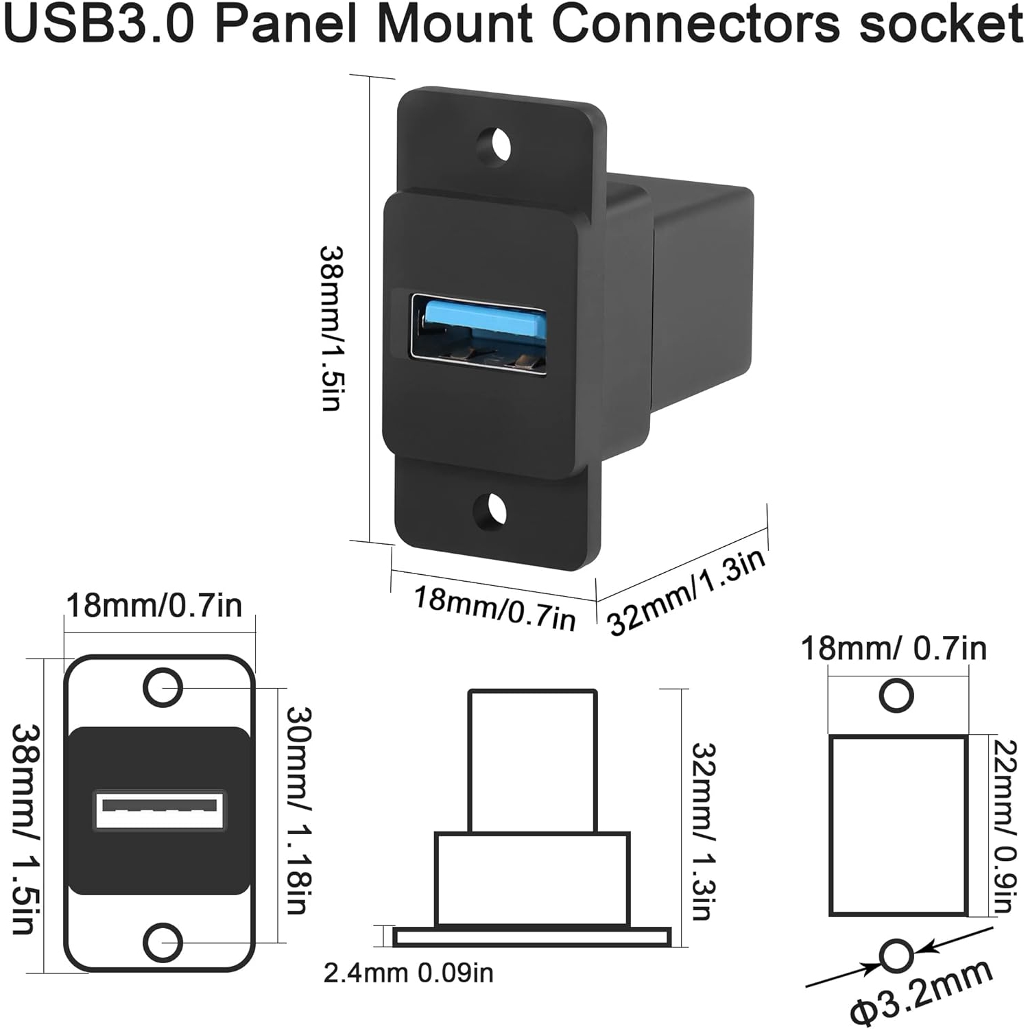 Q USB3.0 Rectangular Panel Adapter 5Gbps USB3.0 Female to Female Panel Mount Connector USB3.0 Mounting Socket Data Module 5V/0.5A harging, for