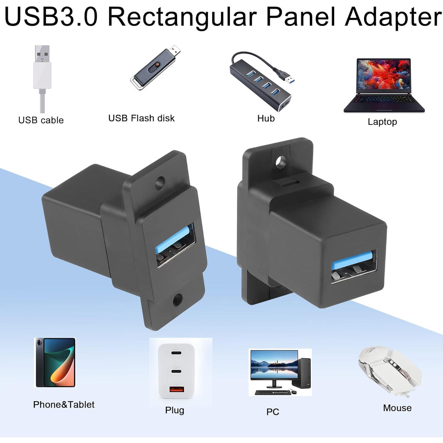 Q USB3.0 Rectangular Panel Adapter 5Gbps USB3.0 Female to Female Panel Mount Connector USB3.0 Mounting Socket Data Module 5V/0.5A harging, for