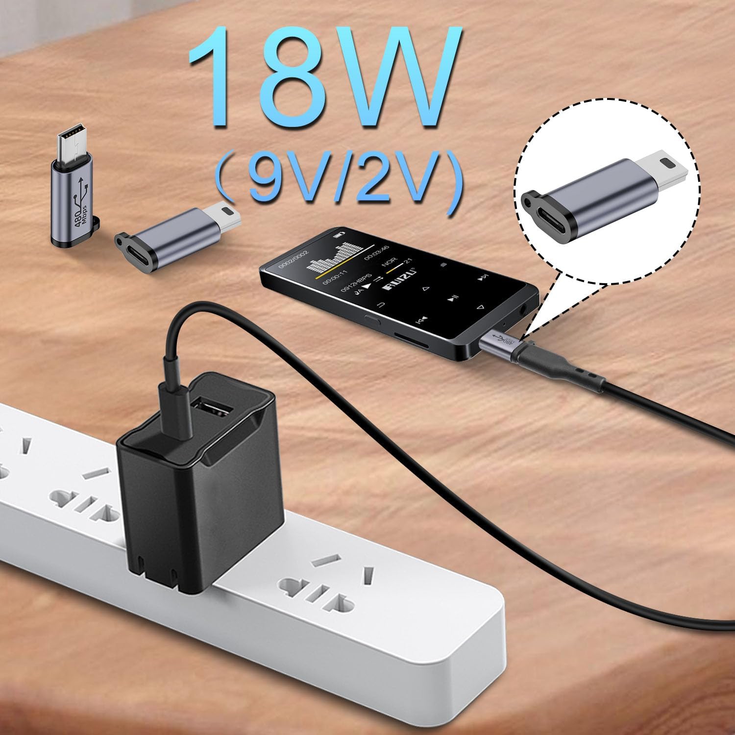 Q 480&nbsp;Mb/s – Adaptateur mini USB mâle vers USB femelle 18&nbsp;W mini USB à connecteur de données de prise USB C, alliage Al/trou de suspension,