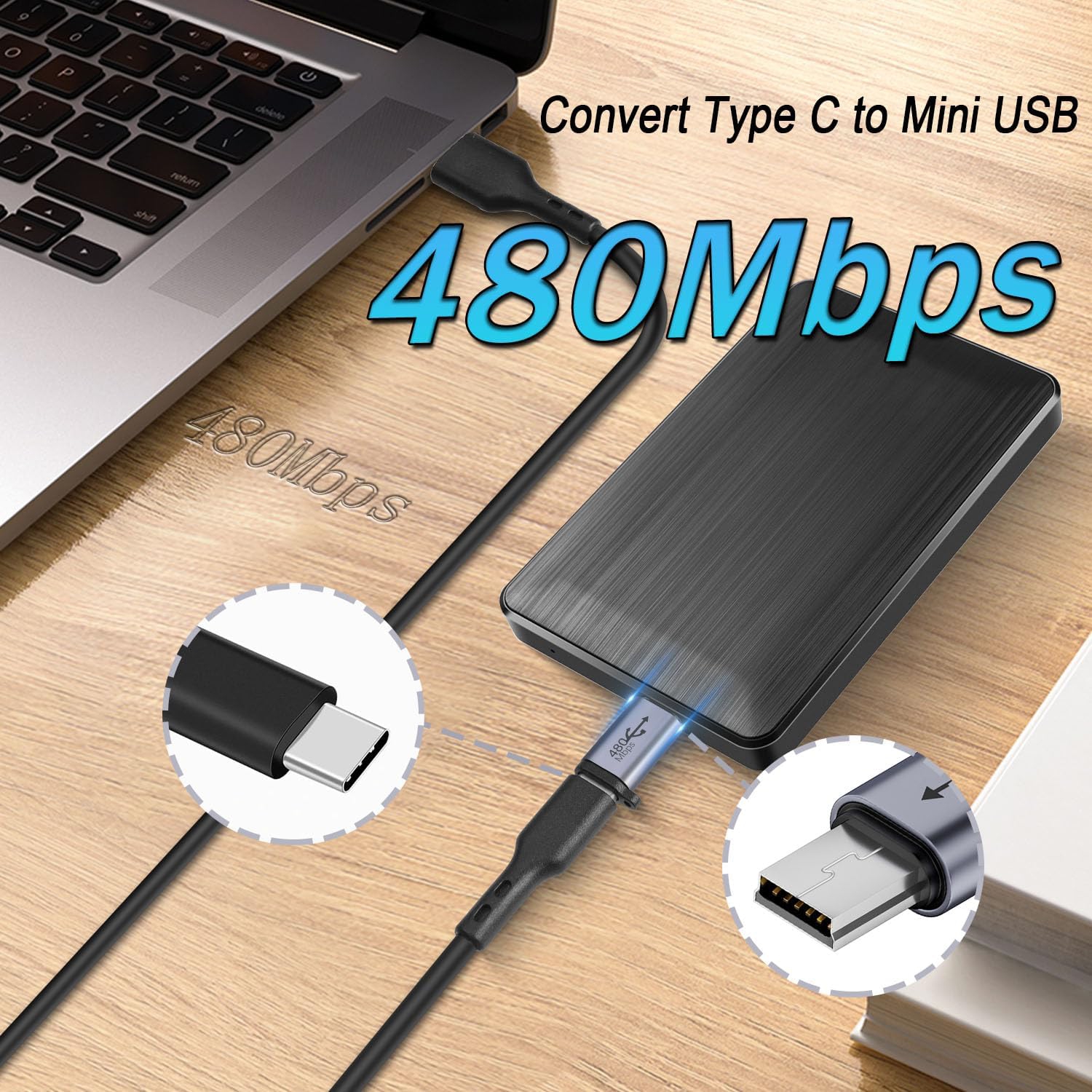 Q 480&nbsp;Mb/s – Adaptateur mini USB mâle vers USB femelle 18&nbsp;W mini USB à connecteur de données de prise USB C, alliage Al/trou de suspension,