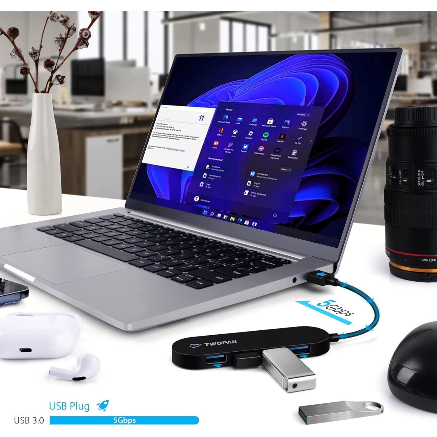 Répartiteur de concentrateur USB 3,0 à 4 ports ultramince de T pour MacBook Pro/Air M1 M2, iMac, Surface Pro, XPS, Chromebook, clés USB et disques