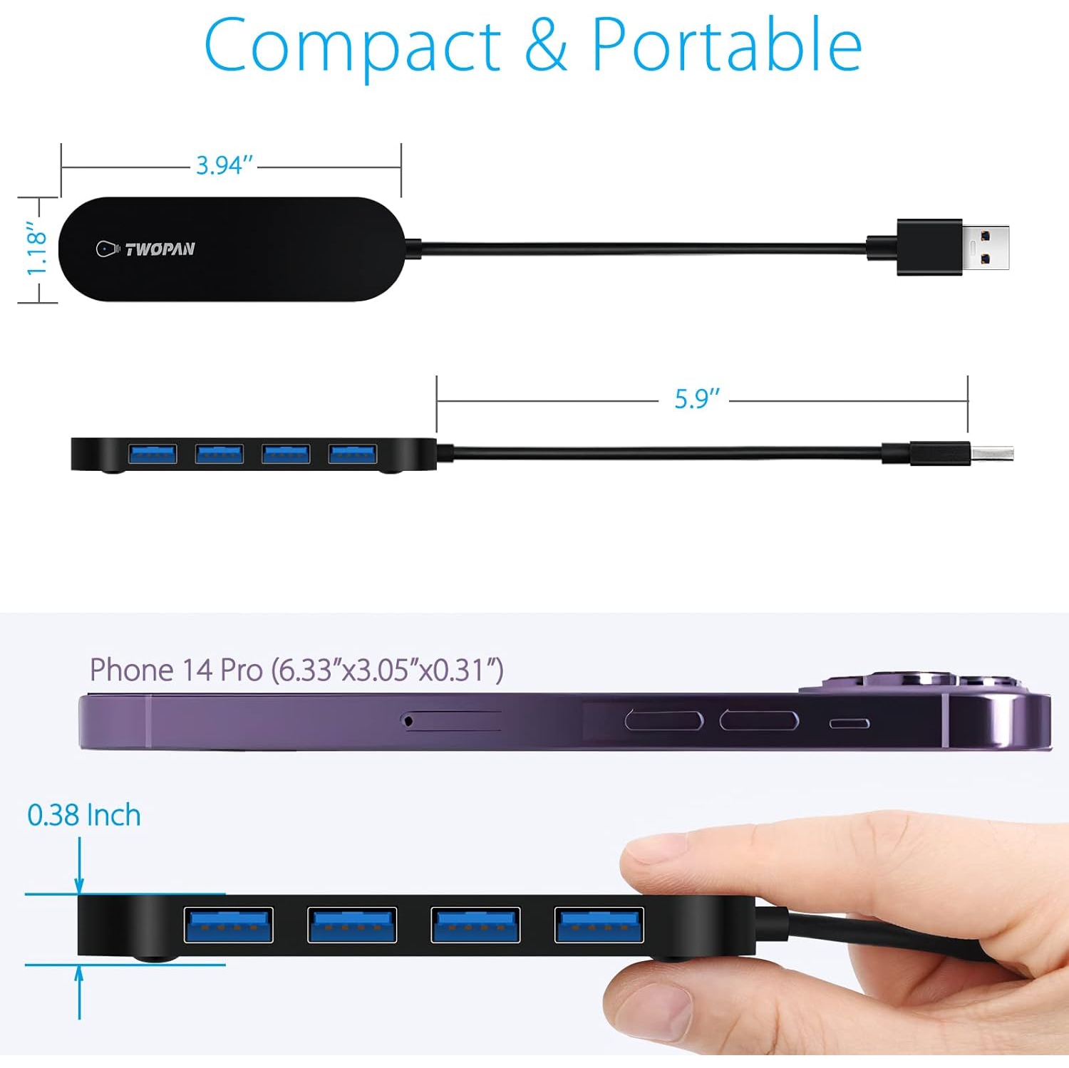 Répartiteur de concentrateur USB 3,0 à 4 ports ultramince de T pour MacBook Pro/Air M1 M2, iMac, Surface Pro, XPS, Chromebook, clés USB et disques
