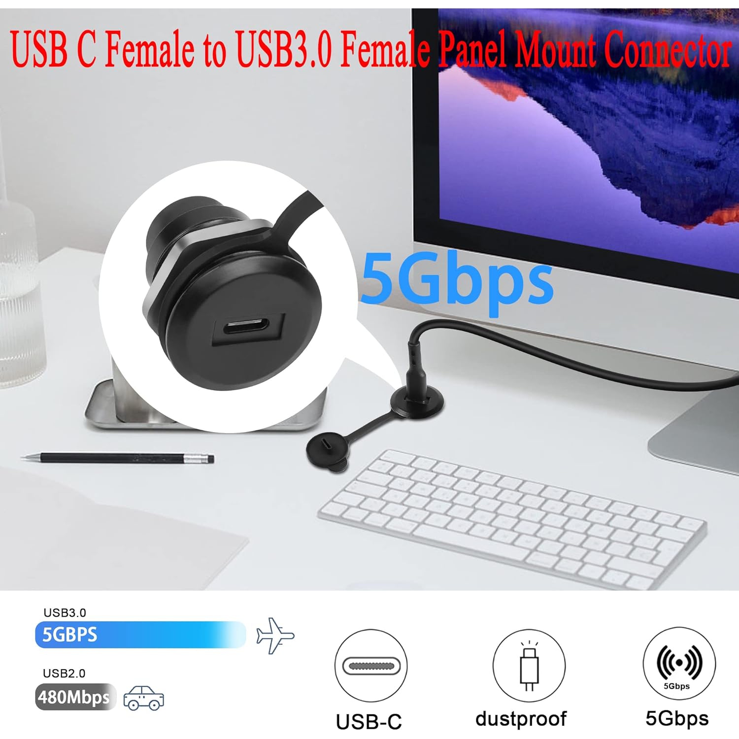 Q USB C to USB3.0 Embedded Threaded Fixed Adapter 5Gbps USB C Female to USB3.0 Female Panel Mount Connector USB C to USB3.0 Round Converter Socket,