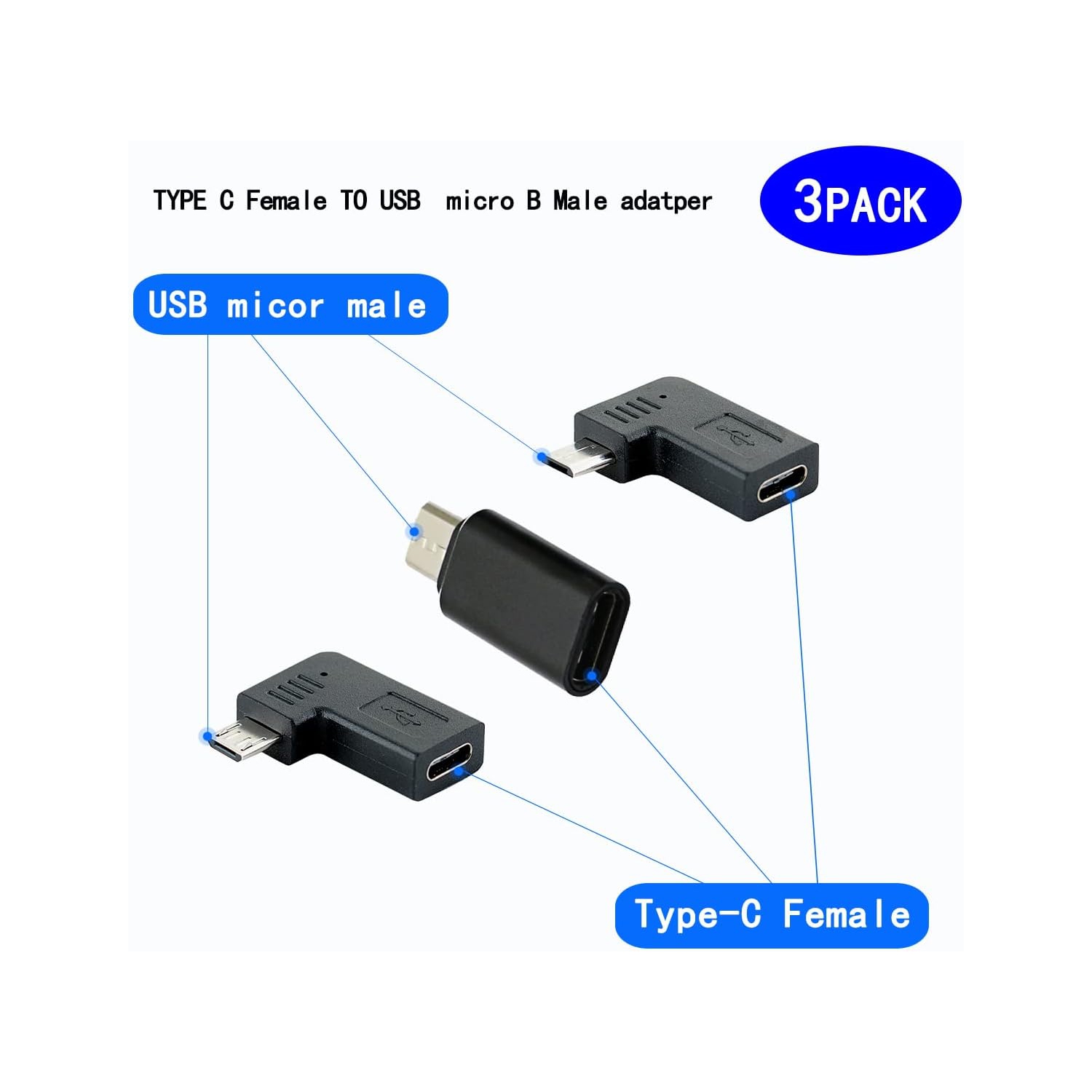 USB-C Type-C Female to Micro USB 2.0 5Pin Male Data Adapter 90 Degree Left & Right Angled Type,3 Pack