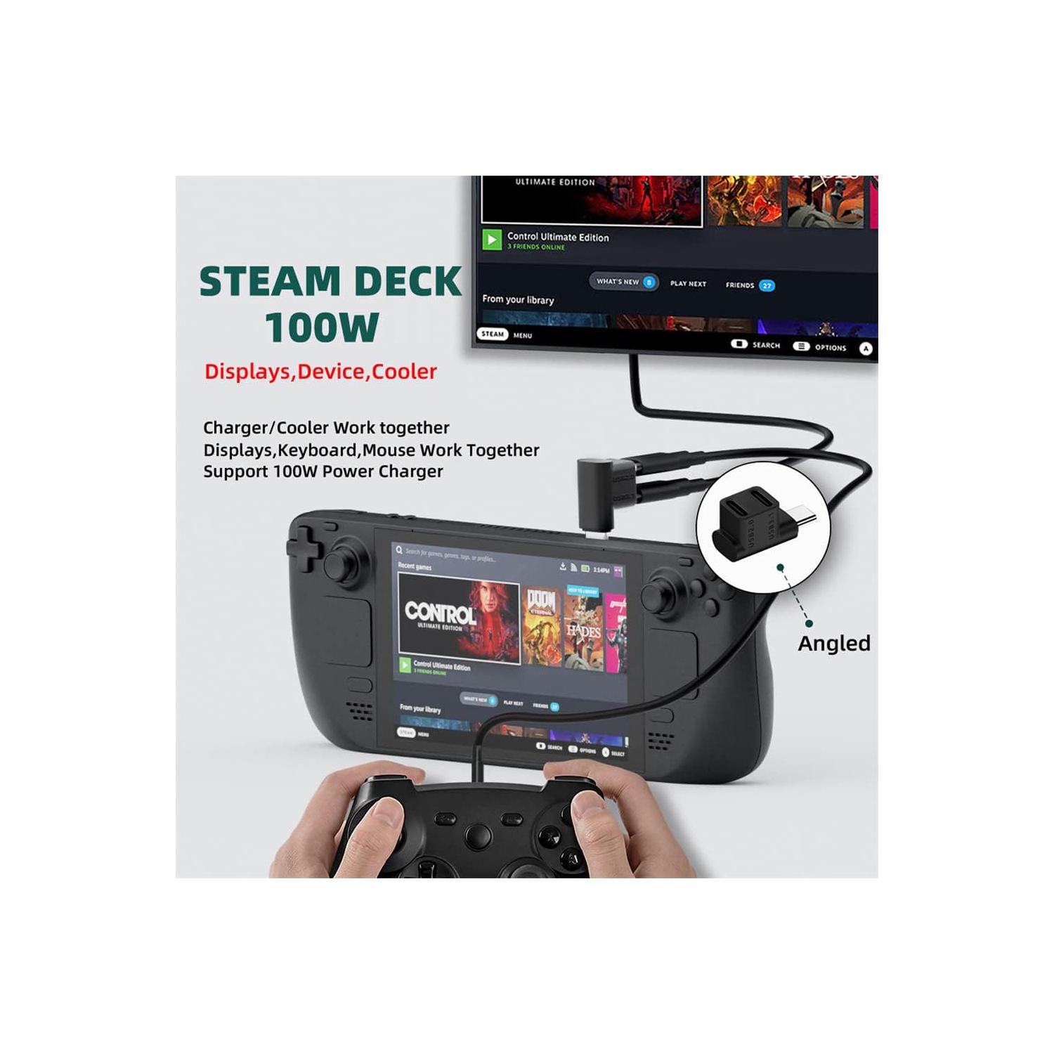 N 10Gbps USB3.0 Type C Male to Dual Female Power Data Splitter Adapter Up Angled Compatible with Steam Deck Laptop