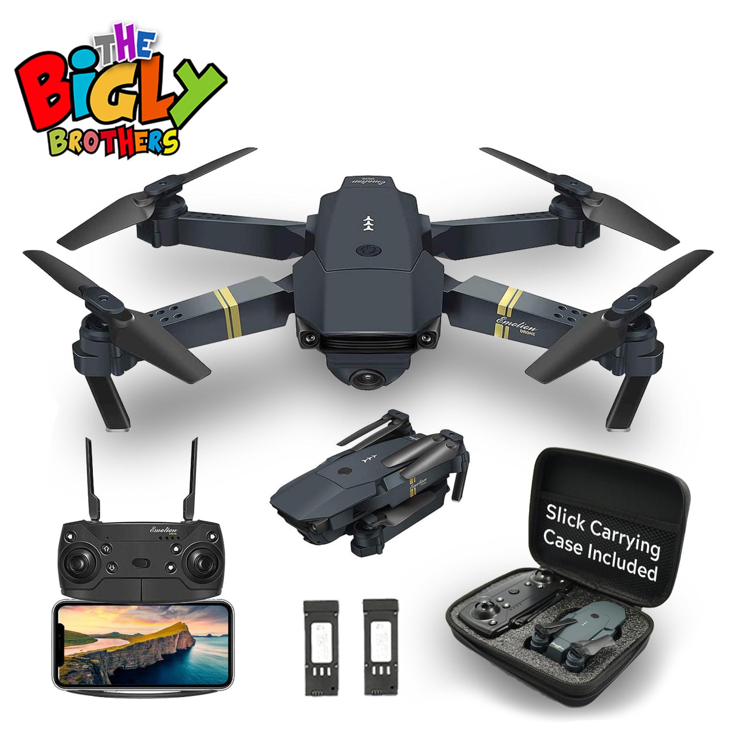 Open Box - The Bigly Brothers E58 Pro Edition Drone with Camera, 1080p Black Drone, Carrying Case and 2 Batteries Included, Ready to Fly, No Assembly Required