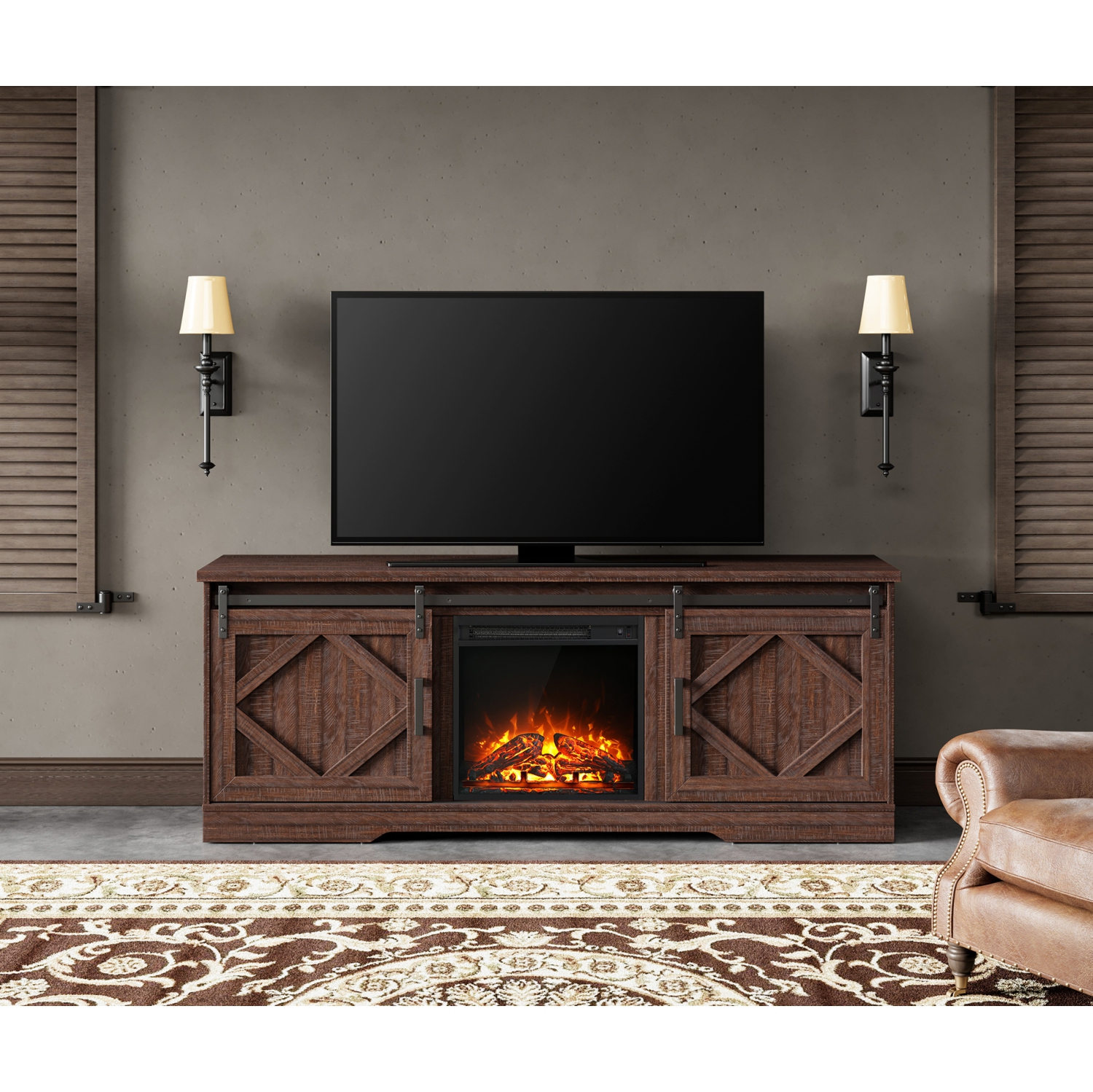 WAMPAT Fireplace TV Stand Farmhouse Sliding Barn Door Entertainment Center for TVs Up to 75 inches, Rustic Brown