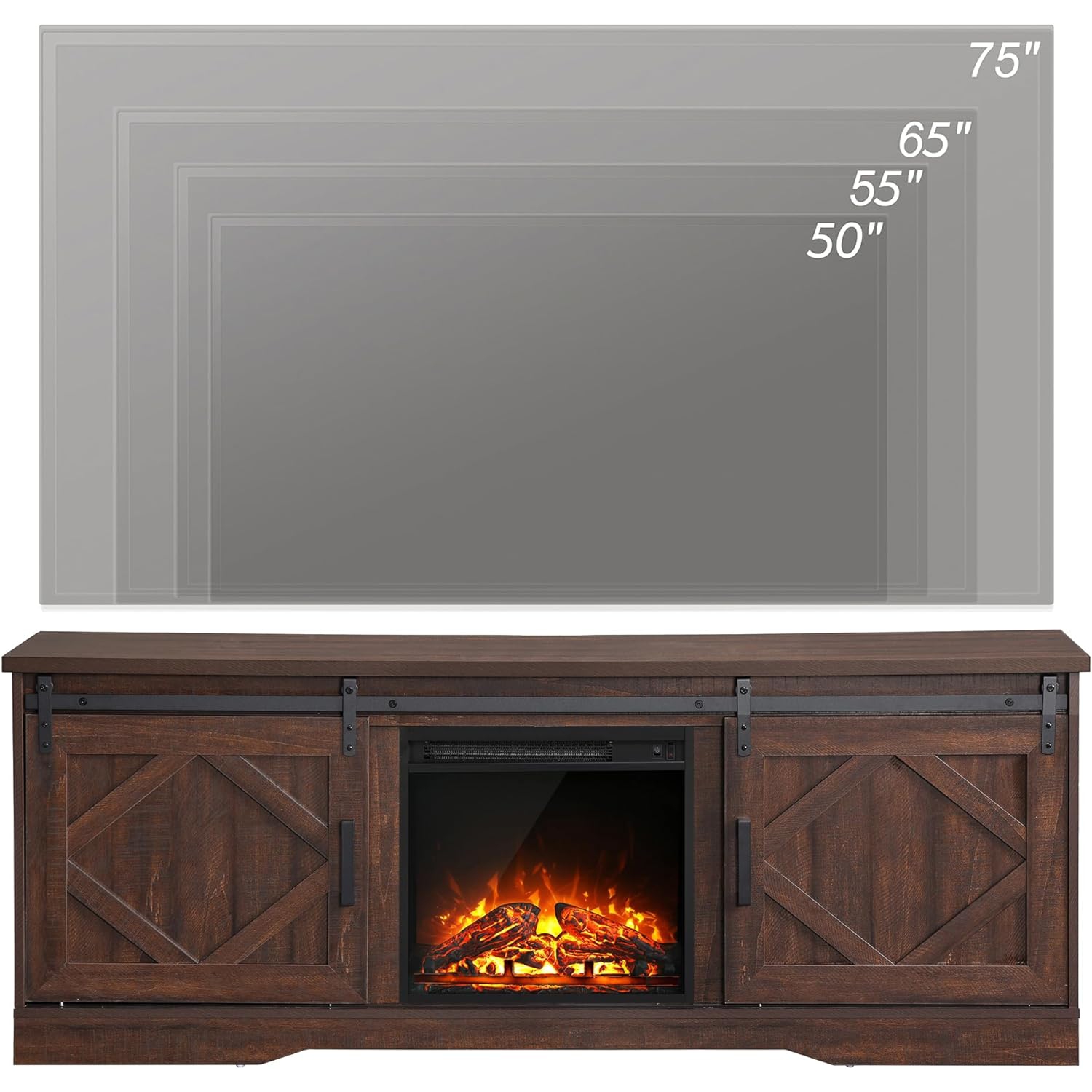 WAMPAT Fireplace TV Stand Farmhouse Sliding Barn Door Entertainment Center for TVs Up to 75 inches, Rustic Brown