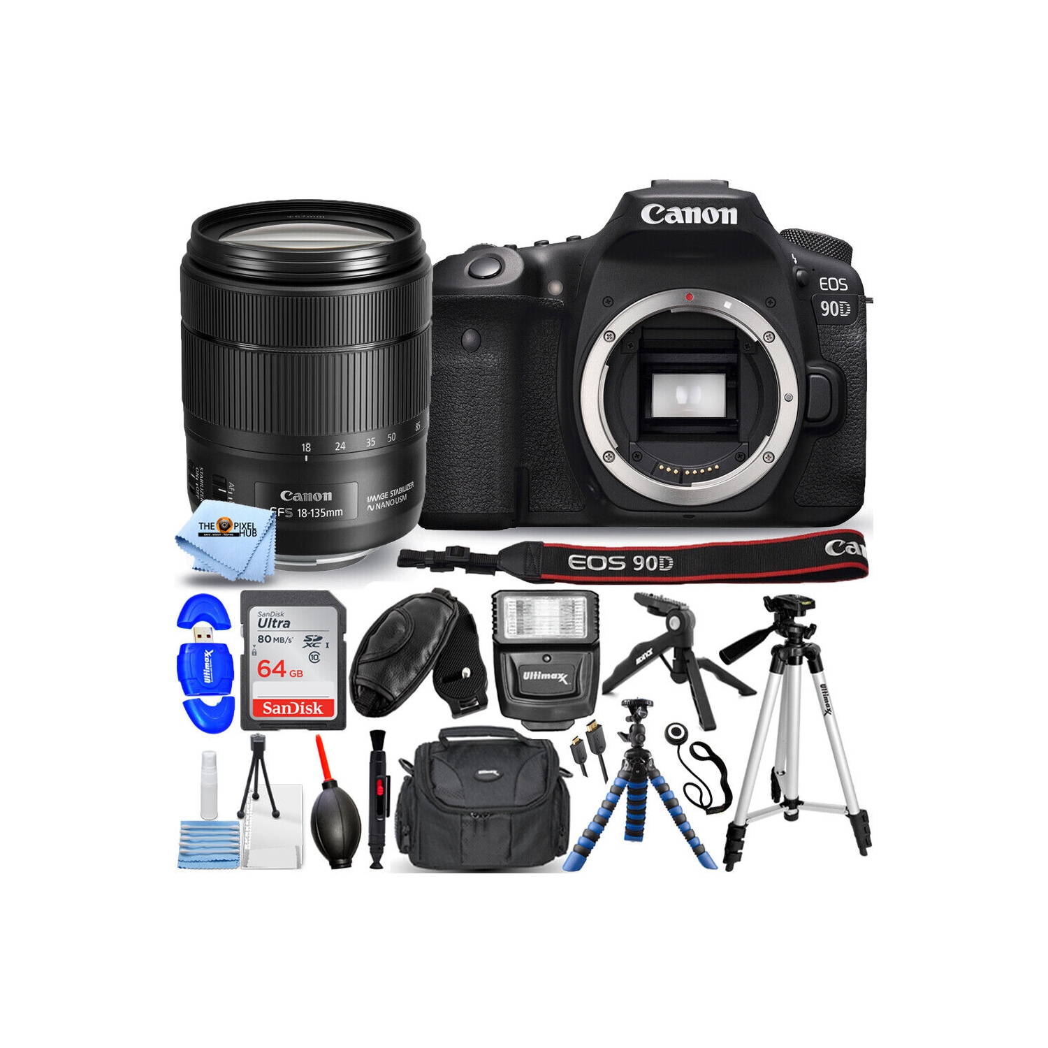 Canon EOS 90D DSLR Camera with 18-135mm Lens + 64GB + Flash + Tripod Bundle