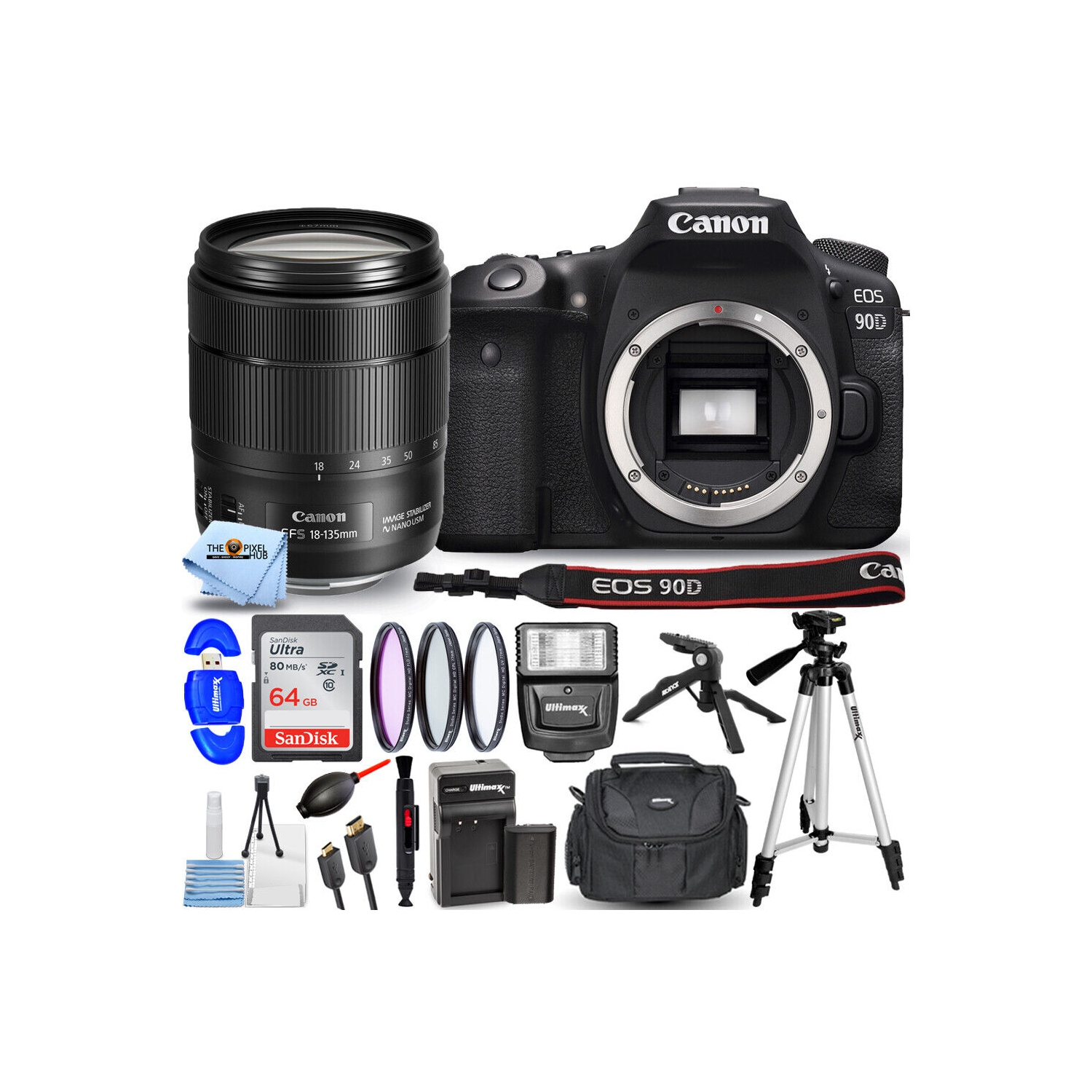 Canon EOS 90D DSLR with 18-135mm Lens + 64GB + EXT BAT + Filter Kit Bundle