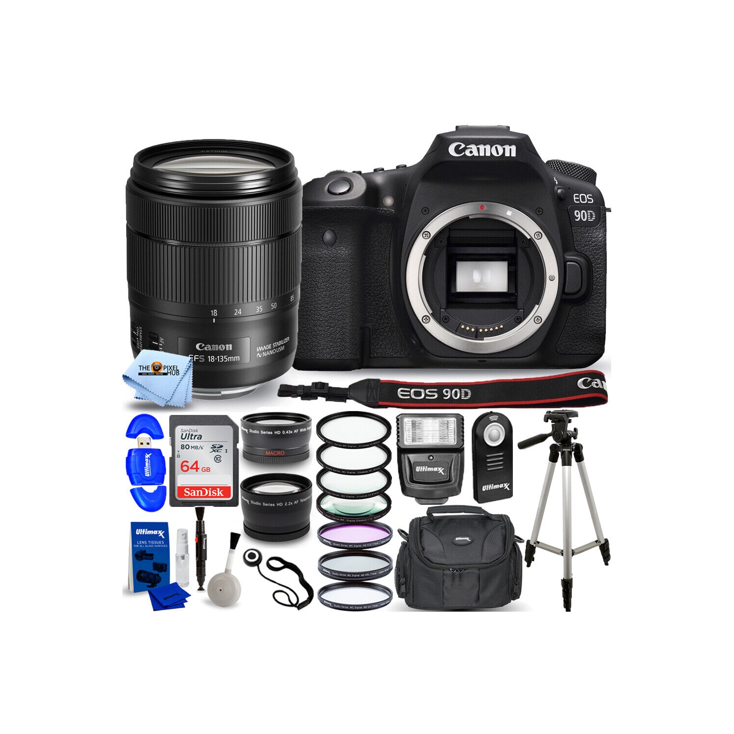 Canon EOS 90D DSLR Camera with 18-135mm Lens + 64GB + Flash + Filter Kit Bundle