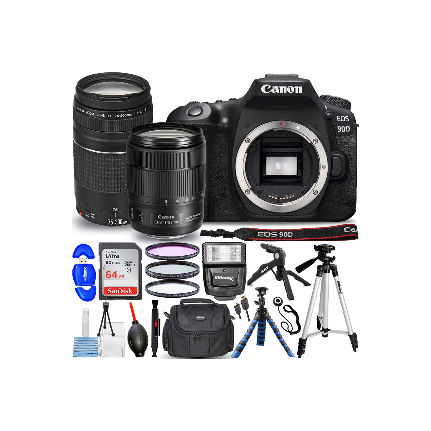 Canon EOS 90D DSLR with 18-135mm + 75-300mm + 64GB + Flash Top Value Bundle