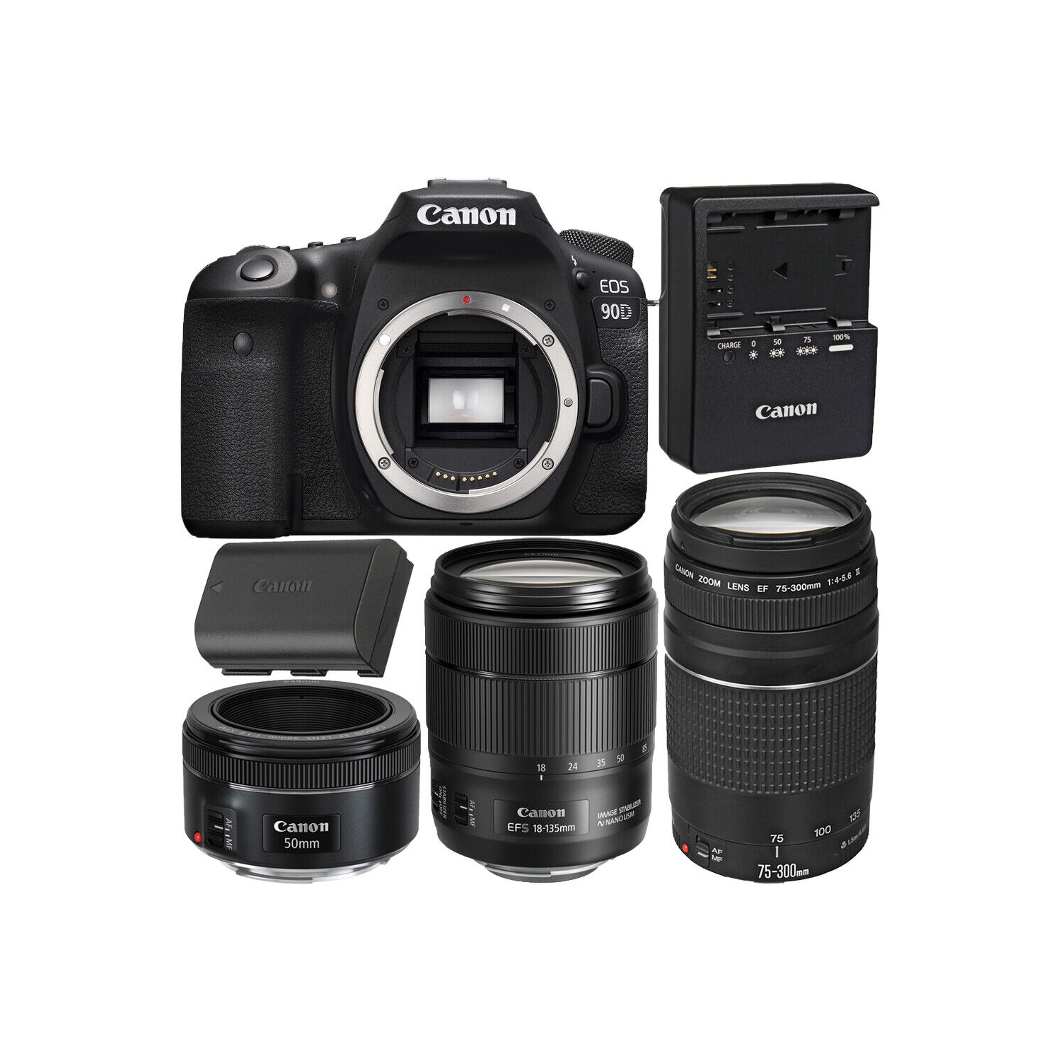 Canon EOS 90D DSLR with 18-135mm + 75-300mm + 50mm Lenses - Top Value Bundle