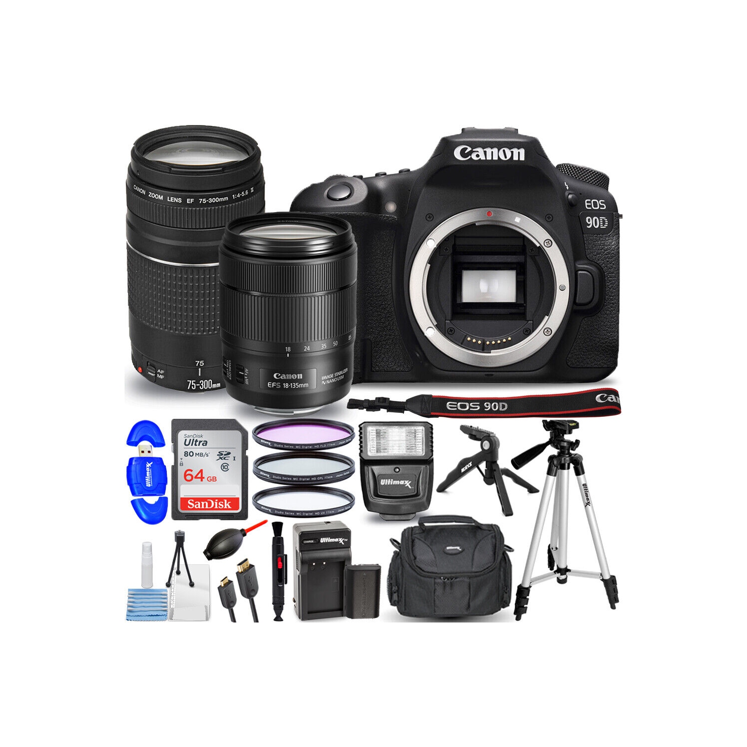 Canon EOS 90D DSLR with 18-135mm + 75-300mm + EXT BATT + Flash Top Value Bundle