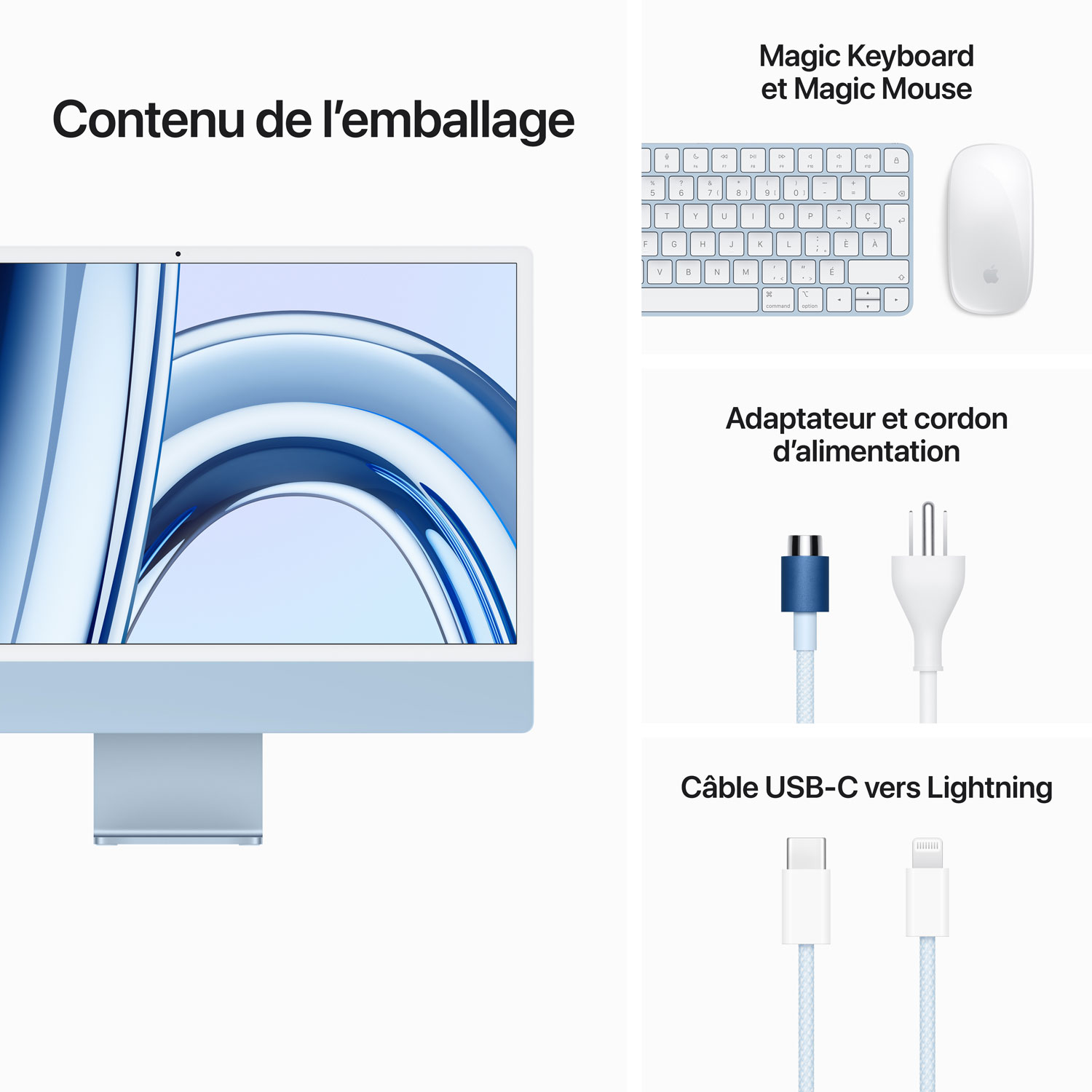 iMac de 24 po d'Apple - Bleu (puce M3 d'Apple/processeur graphique 8 coeurs/SSD 256 Go/RAM 8 Go) - Anglais