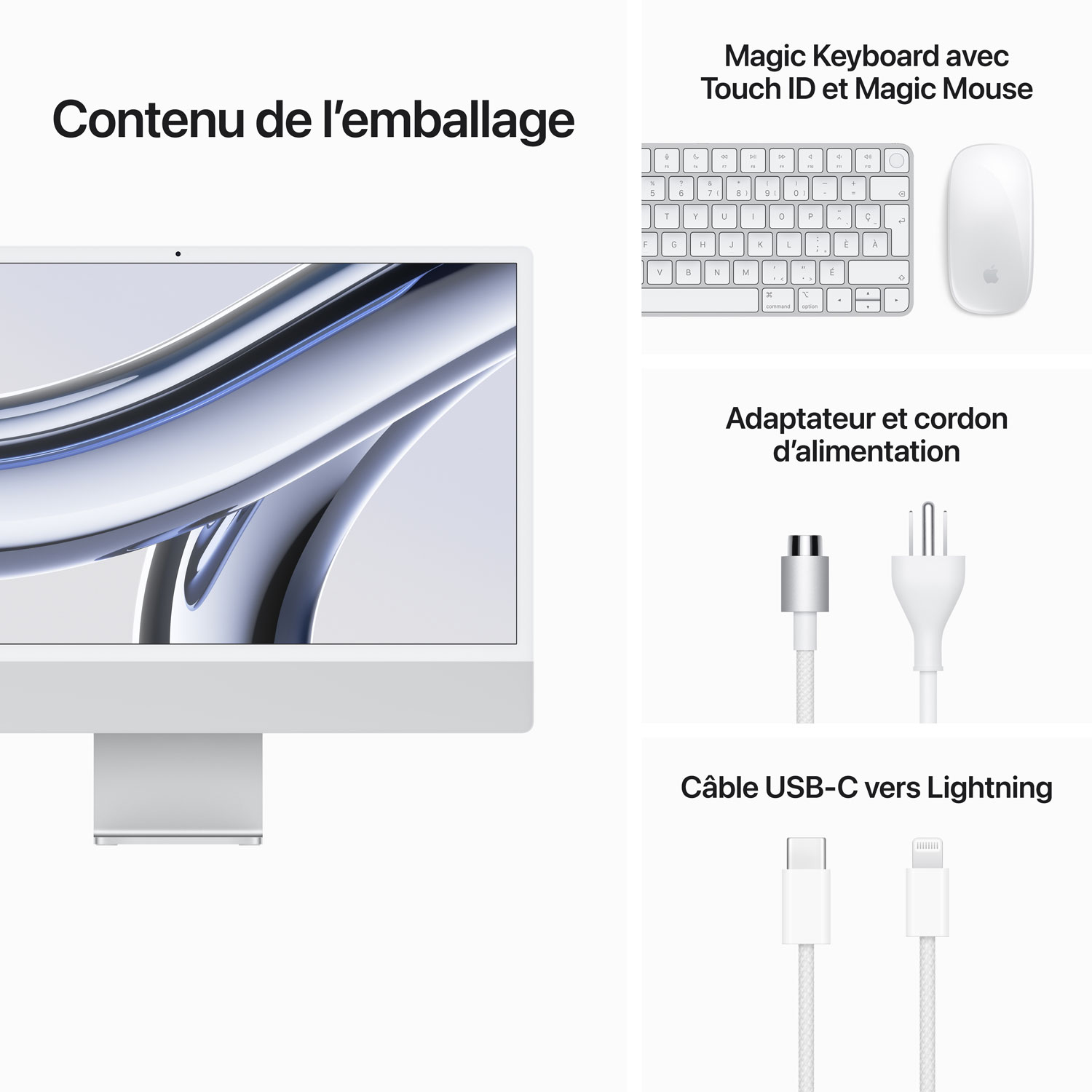 iMac de 24 po d'Apple - Argenté (puce M3 d'Apple/processeur graphique 10 coeurs/SSD 512 Go/RAM 8 Go) - Français