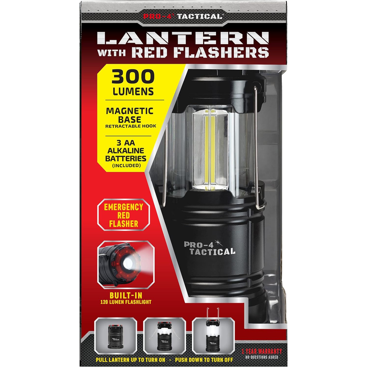 Pro-4 Tactical Portable Lantern with Bright Light, 300 Lumens, Magnetic Base, Emergency Red Hazard Flasher, and 3 AA Batteries Included