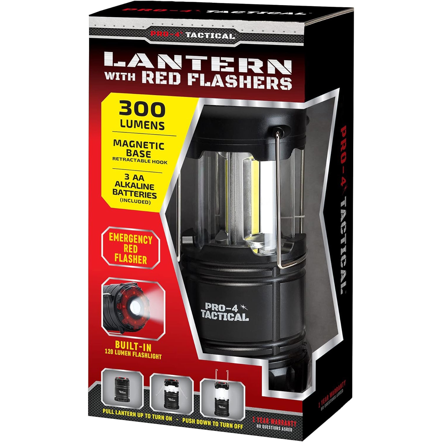 Pro-4 Tactical Portable Lantern with Bright Light, 300 Lumens, Magnetic Base, Emergency Red Hazard Flasher, and 3 AA Batteries Included