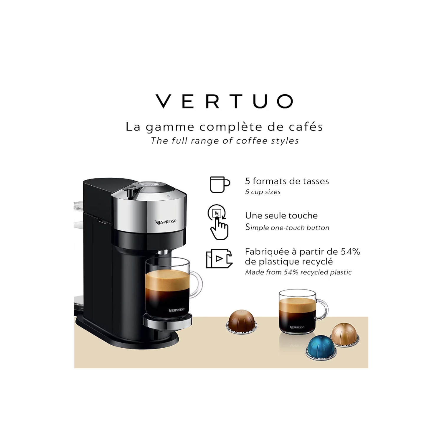 Machine à café/espresso Nespresso Vertuo Next Deluxe de de'Longhi avec Aeroccino - Noir/Chrome