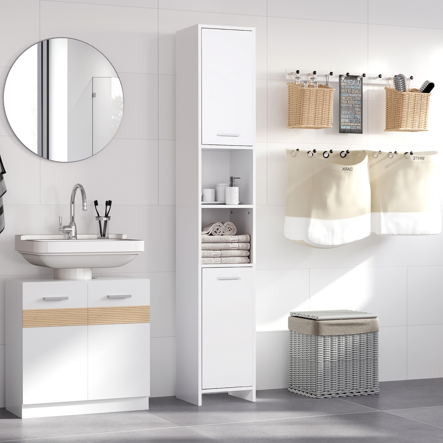 HOMCOM – Armoire de salle de bain mince, grande armoire de rangement de salle de bain avec 2 portes, compartiment ouvert et tablettes réglables, blanc