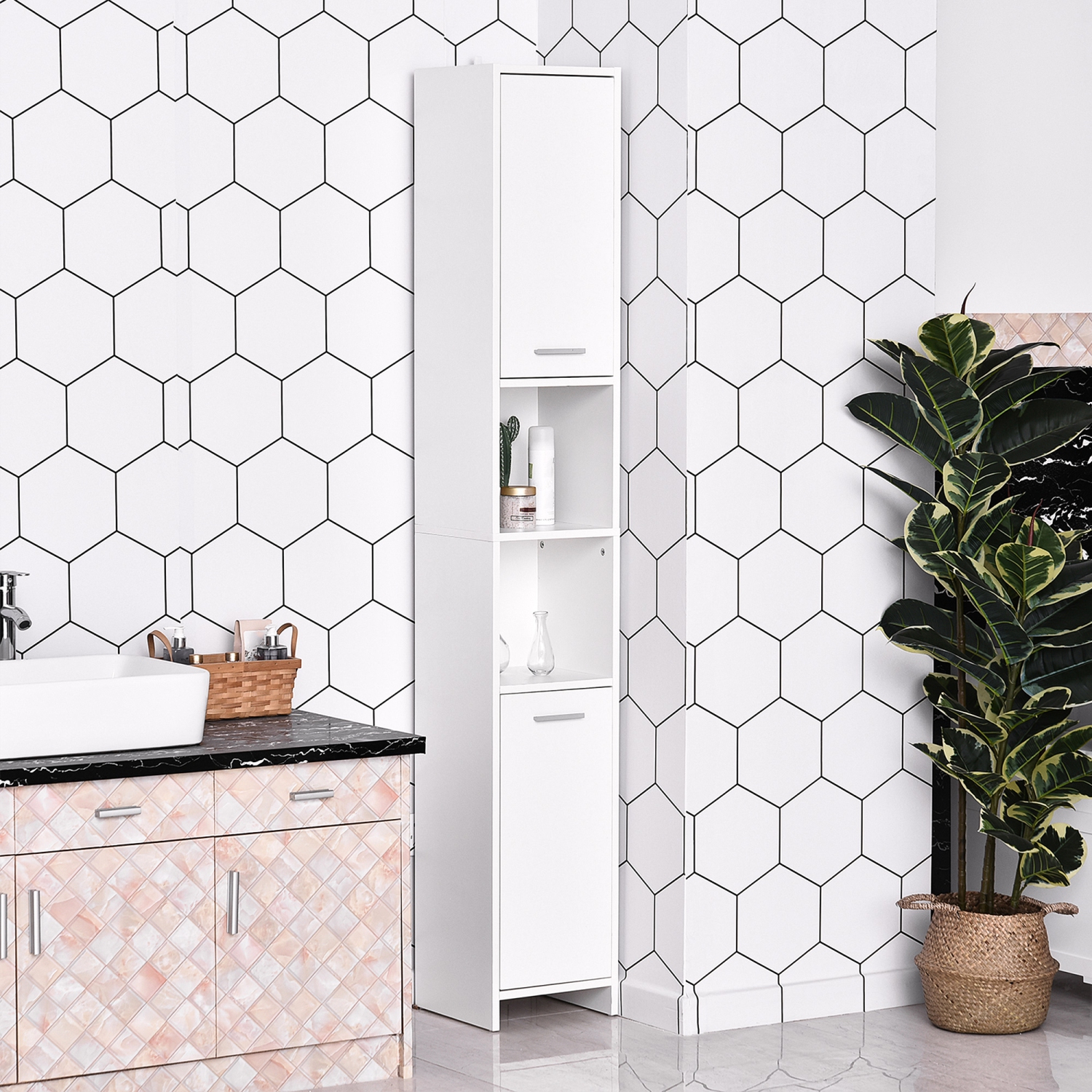 HOMCOM – Armoire de salle de bain mince, grande armoire de rangement de salle de bain avec 2 portes, compartiment ouvert et tablettes réglables, blanc