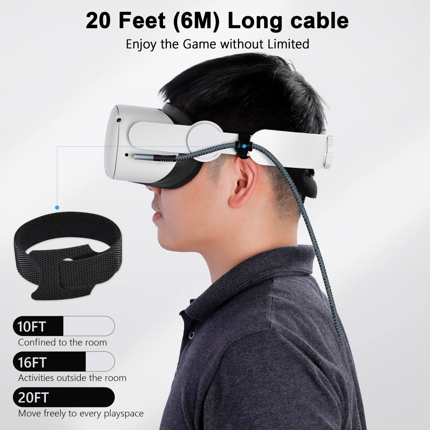 Câble de liaison 20ft compatible avec Quest 3 et Quest 2, accessoires tressés en nylon pour jeux RV Rift S/Steam, câble de chargement USB 3,0 type C