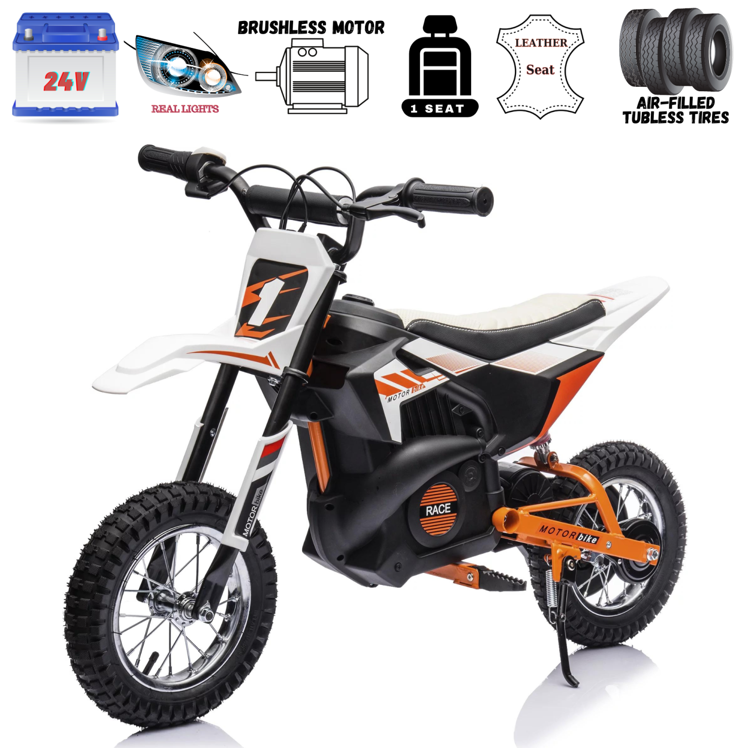 KidsVIP SuperMoto 24V 250-Watt Powered Big Kids' Offroad Electric Dirt Bike with Inflatable Rubber Tires