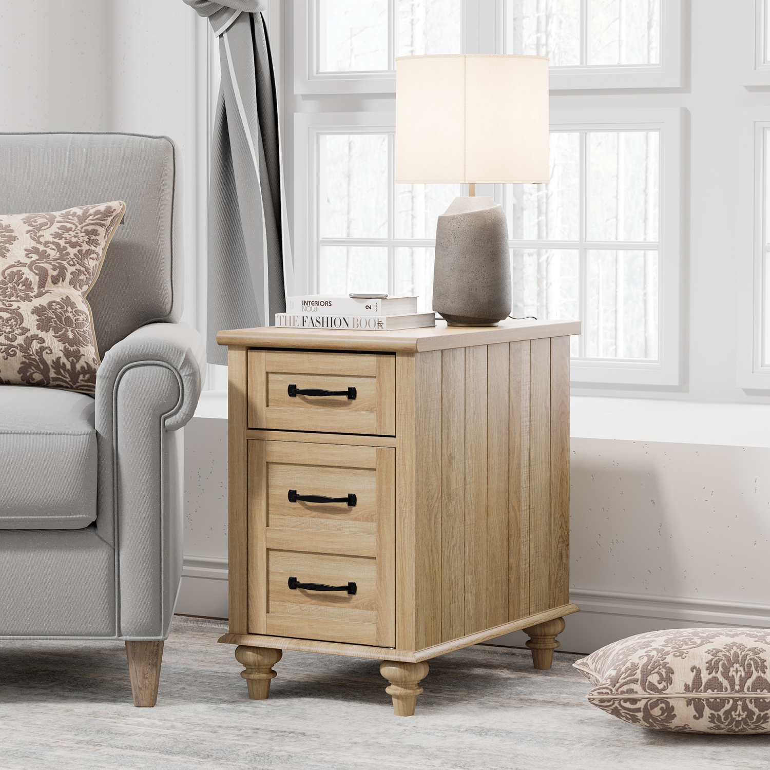 Table d'extrémité WAMPAT avec station de chargement, table d'appoint avec tiroir et armoire de rangement, table de chevet avec prises d'alimentation