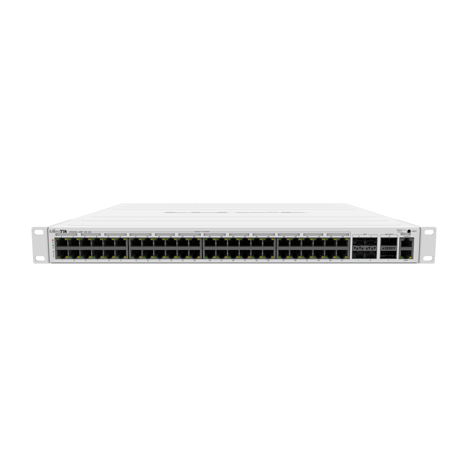 CRS354-48P-4S+2Q+RM48 x 1G RJ45 ports and 4 x 10G SFP+ ports. There are also 2 x 40G QSFP+ ports, non-blocking throughput is 168 Gbps, switching