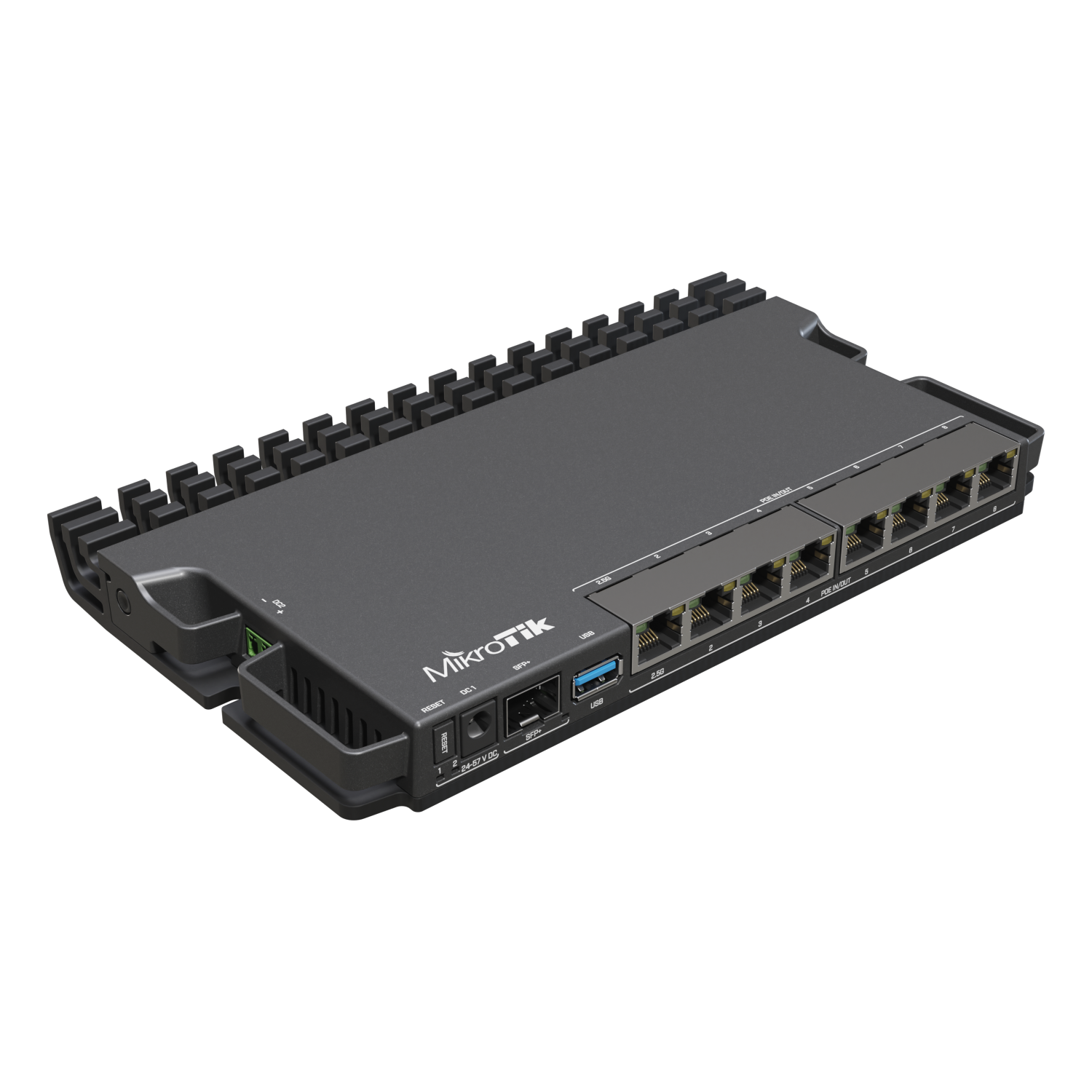 RB5009UPr+S+INPerfect for small and medium ISPs. 2.5 Gigabit Ethernet & 10 Gigabit SFP+, numerous powering options.